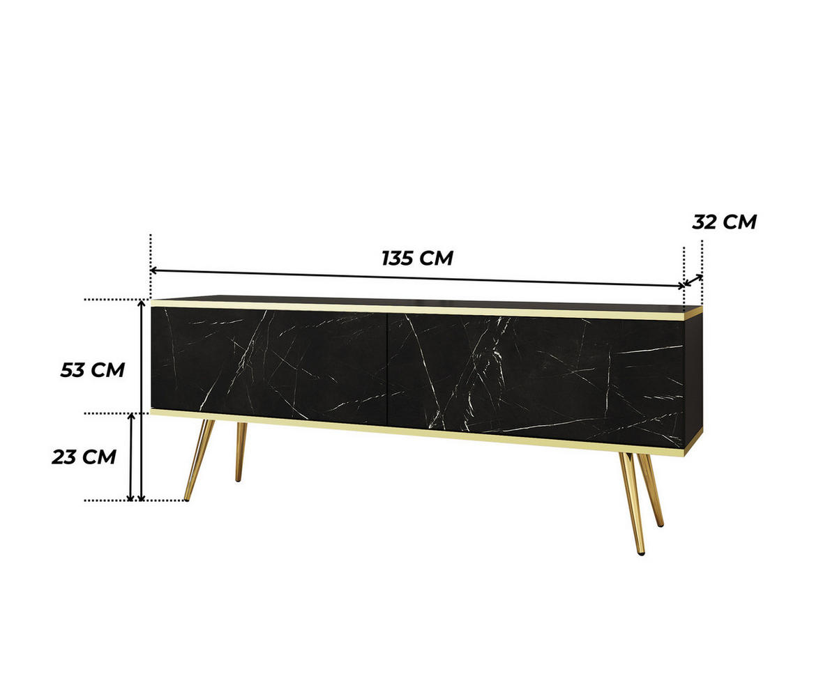 TV-LOWBOARD FORNO (Schwarz, Goldene Details, 2 Türen, goldene Metallfüße, 135 cm) - Gelb/Goldfarben, Holz/Holzwerkstoff (135/53/32cm) - Ravio