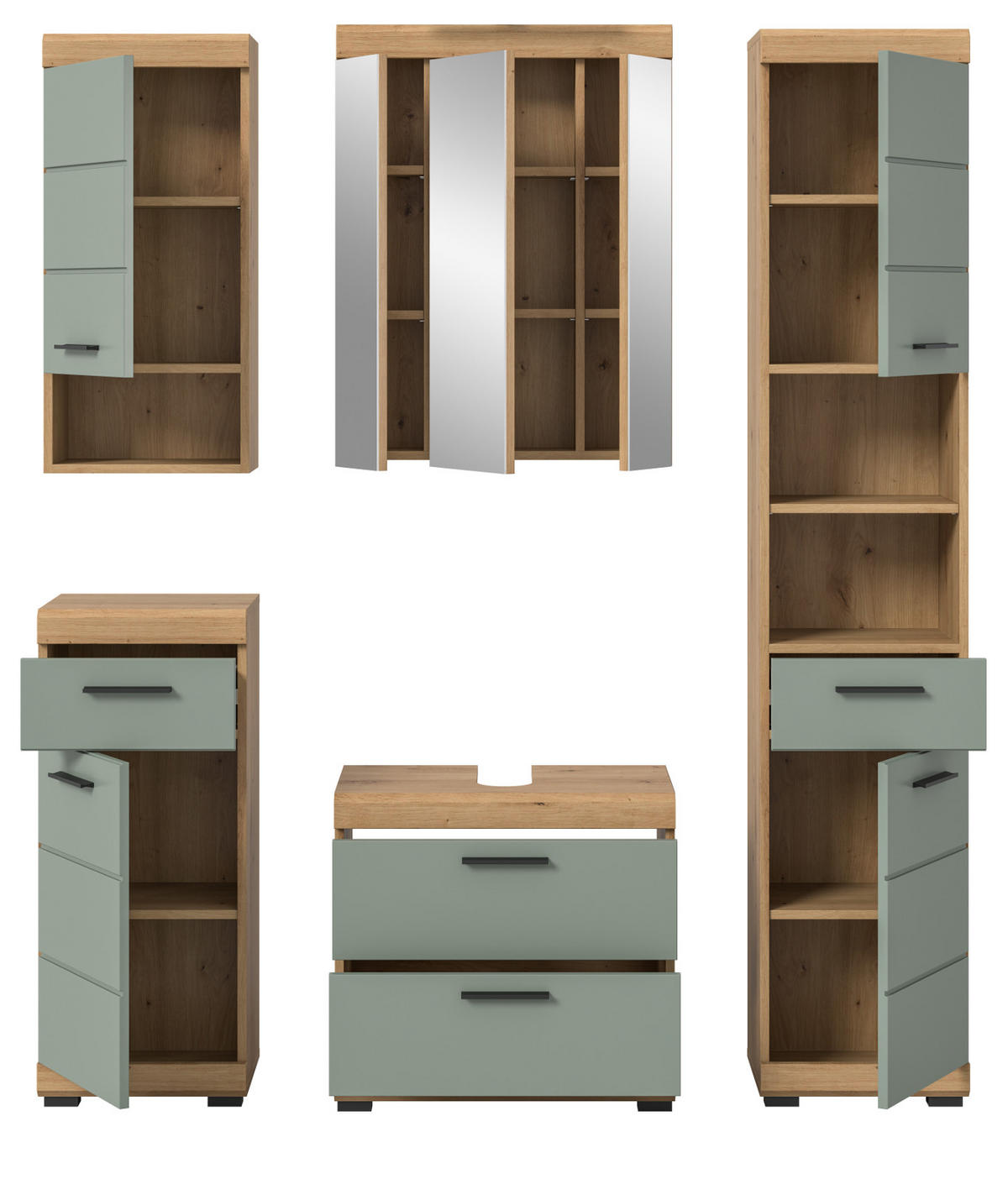 BADMÖBEL-SET Salbei grün, Eiche Artisan 5-teilig 164 cm, Komplettset mit viel Stauraum - Salbeigrün/Schwarz, Glas/Holzwerkstoff (164/191/37cm) - Inn.Furn