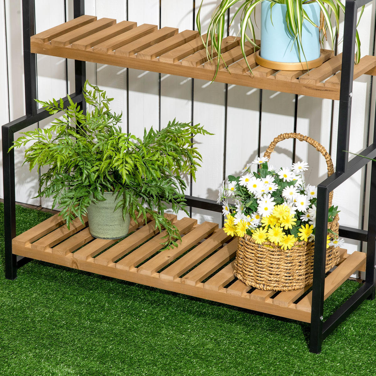 PFLANZENREGAL, Tannenholz, Eisen, Schwarz+Natur - Multicolor, Holz (36/174/80cm) - Outsunny