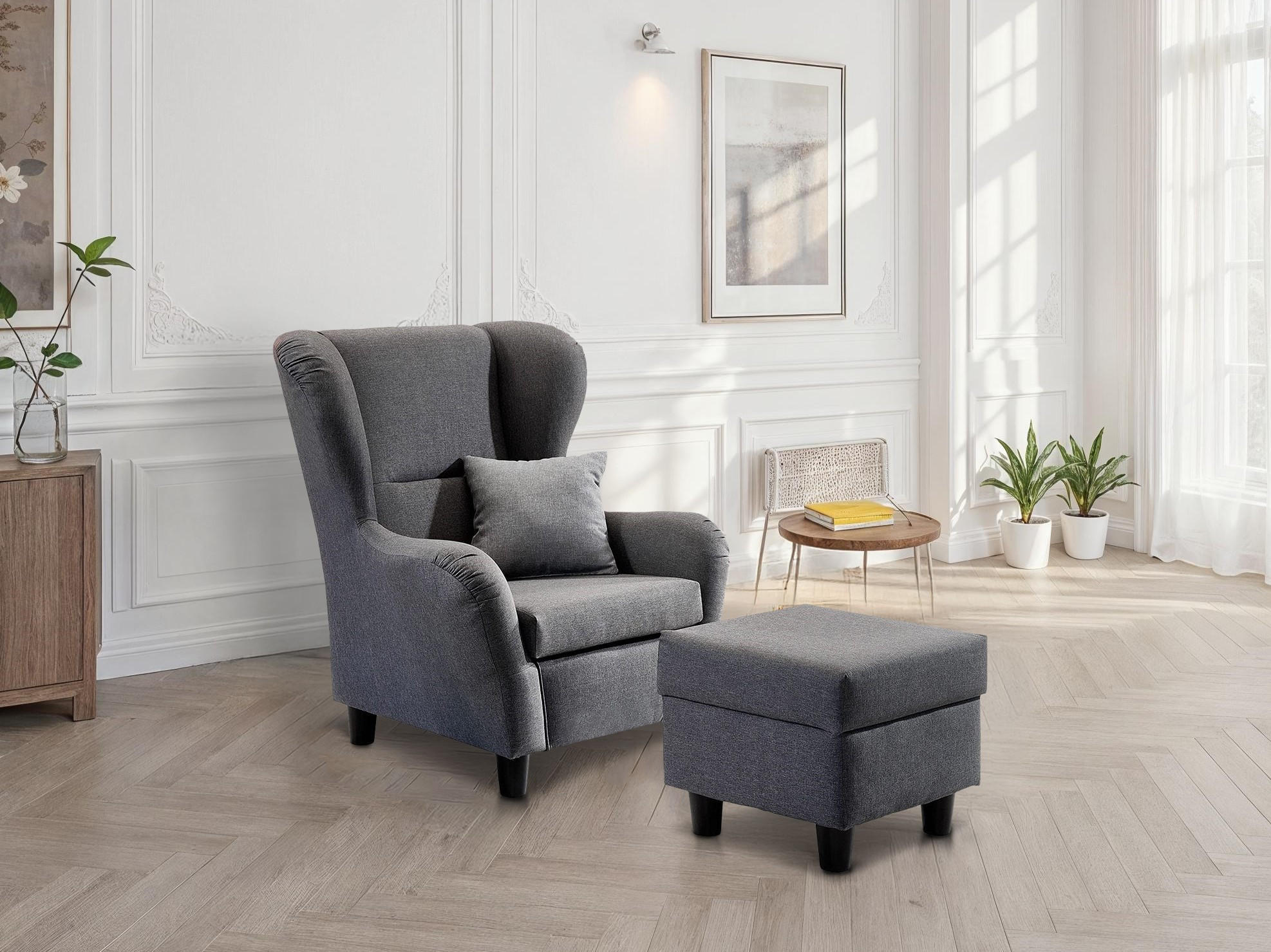 OHRENSESSEL mit HOCKER, hoher Sitzkomfort durch Wellenunterfederung B90/H98/T76 cm, Strukturstoff Grau / 18001 - Schwarz/Grau, Holz/Textil (90/98/76cm) - luma-home
