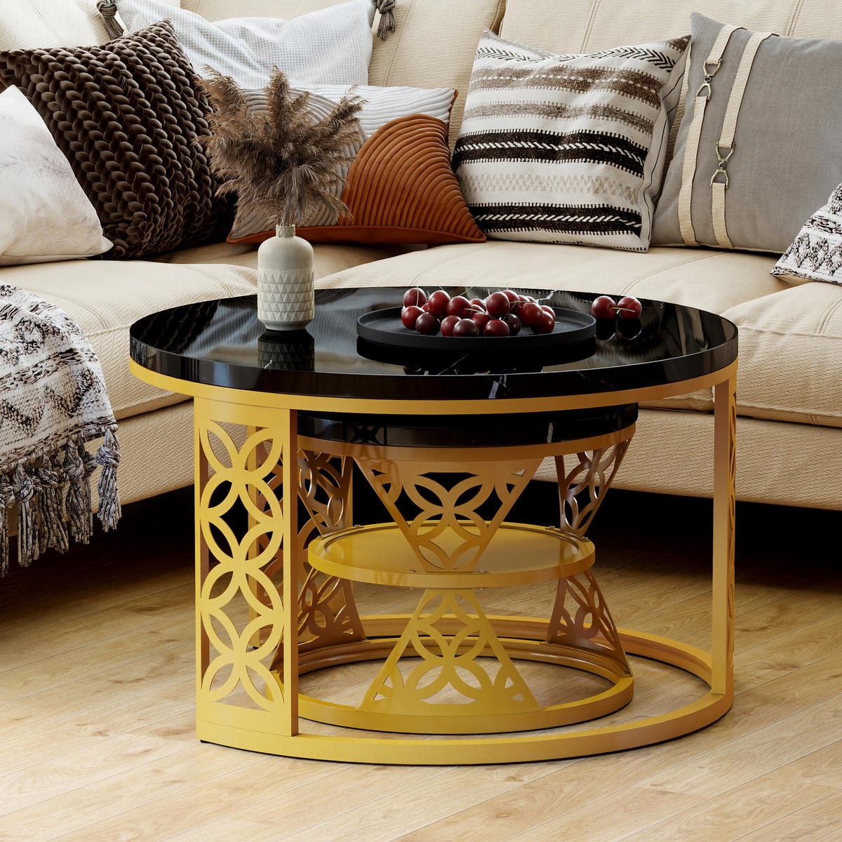 COUCHTISCH Beistelltisch-Set, Wohnzimmer-Beistelltisch-Set (2-teilig), schwarze Marmoroptik, goldener Metallrahmen - Goldfarben/Schwarz, Holzwerkstoff/Metall (70/70/45cm) - EVRYAE