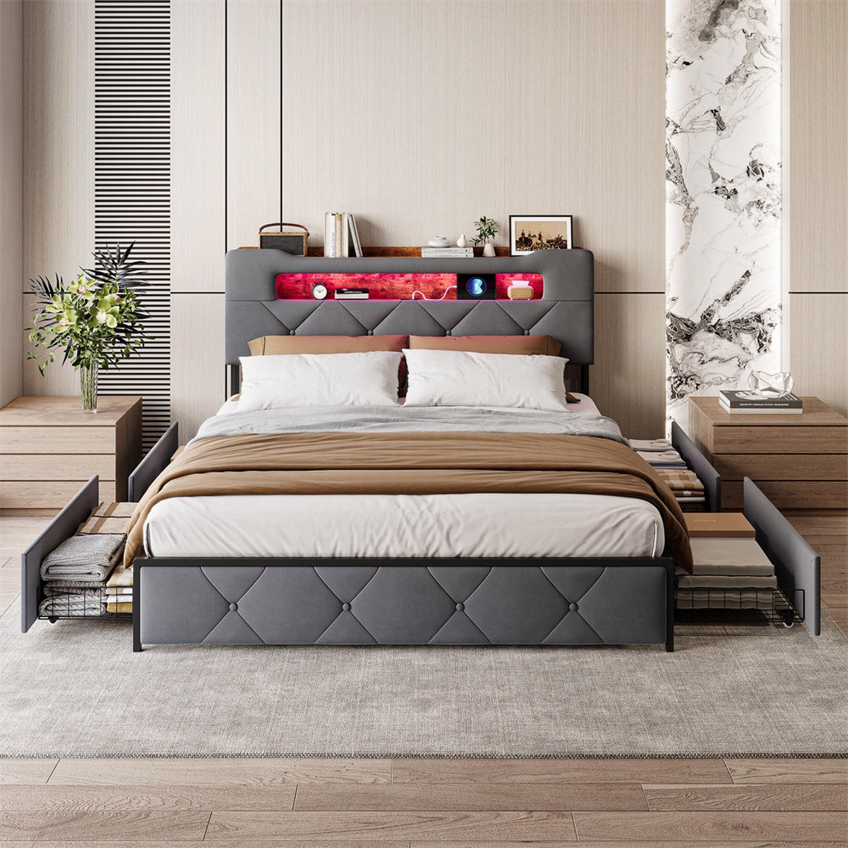 POLSTERBETT 160x200 cm - Doppelbett mit Stauraumkopfteil - 4 Schubladen und LED-Beleuchtung - ohne Matratze - Grau - Grau, Textil (160/200cm) - DELFA