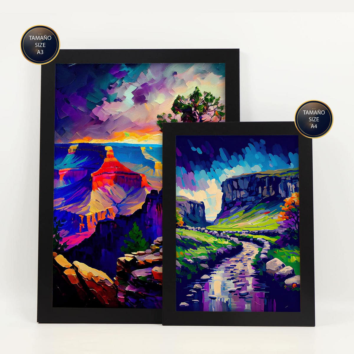 POSTER Set Mit 6 Blau Im Ölgemälde Stil A3 & A4 Schwarzer Rahmen - Schwarz, Papier (29/3cm) - Nacnic