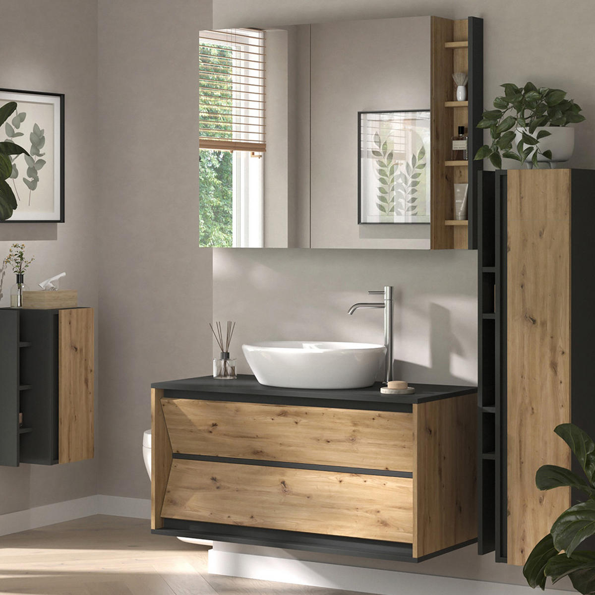 BADMÖBEL-SET Edelin Anthrazit/Artisan 4 Teile - Anthrazit/Eiche Artisan, Holzwerkstoff (100/50/45cm) - Vicco