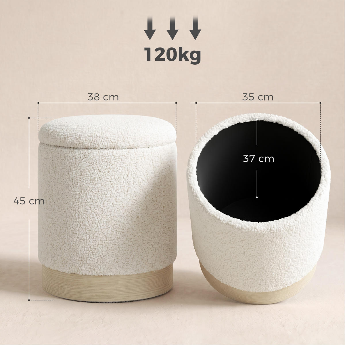 FÖRVARINGSPALL i sherpa-fleece, krämvit - Cremefärgad, Textil/Metall (38/45/38cm) - HOMCOM