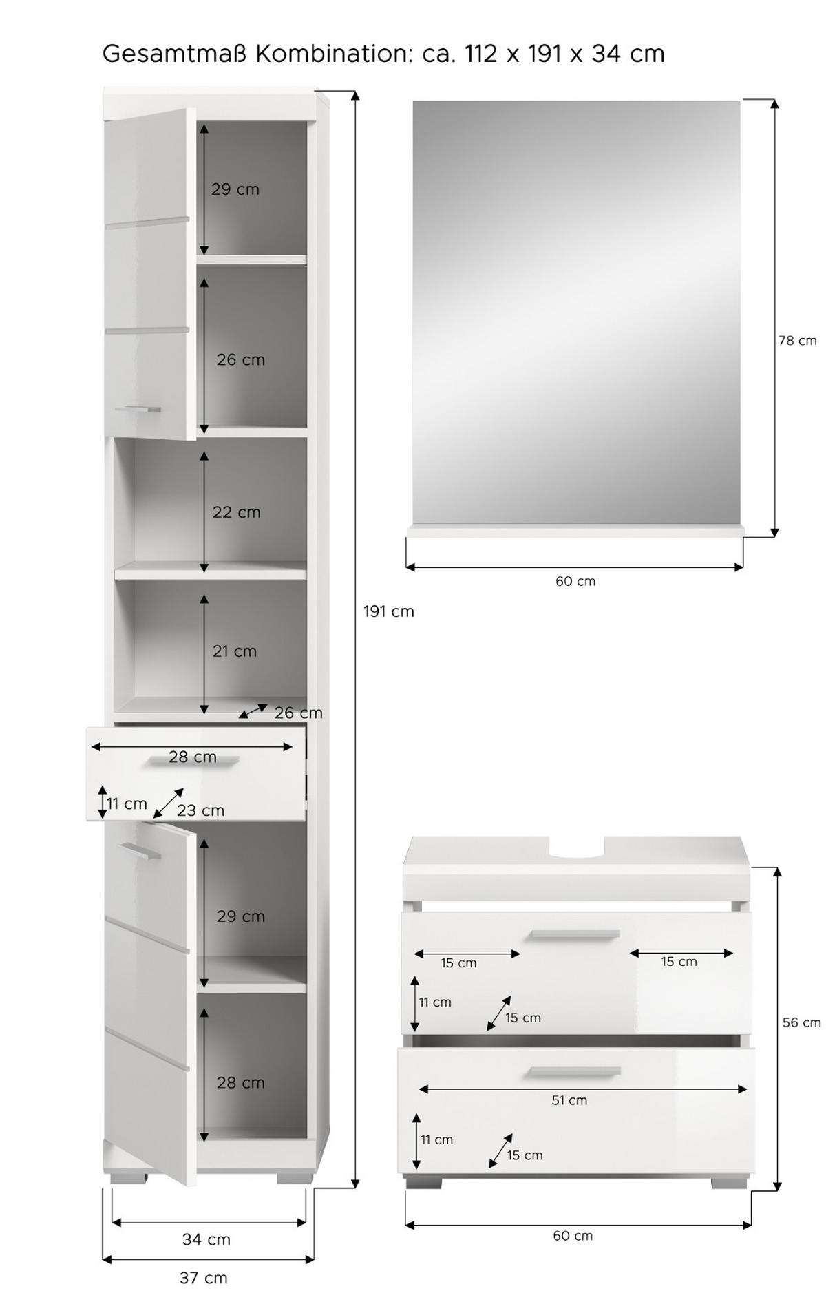 BADMÖBEL-SET weiß Hochglanz 3-teilig 112 cm, Komplettset mit viel Stauraum - Weiß Hochglanz, Glas/Holzwerkstoff (112/191/37cm) - Inn.Furn