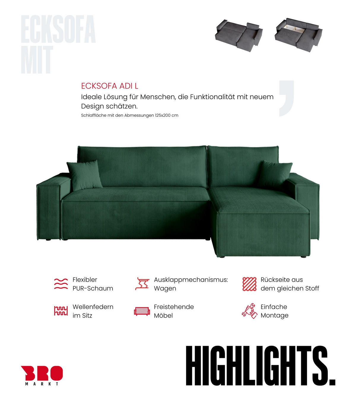 ECKSOFA ADI mit Schlaffunktion Dunkelgrün Cord - Dunkelgrün, Textil (244/143cm) - Bromarkt