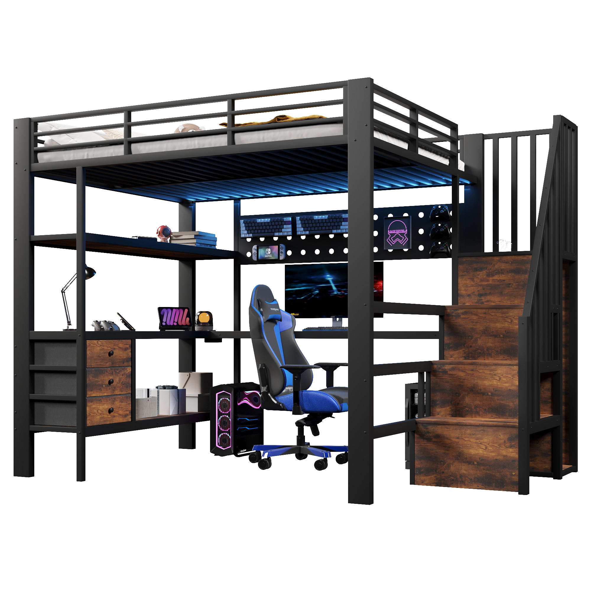HOCHBETT 140/200 cm in Schwarz mit 3 Schubladen, Tisch, Steckdose und LED - Schwarz, Holzwerkstoff/Metall (90/200cm) - STILVORA