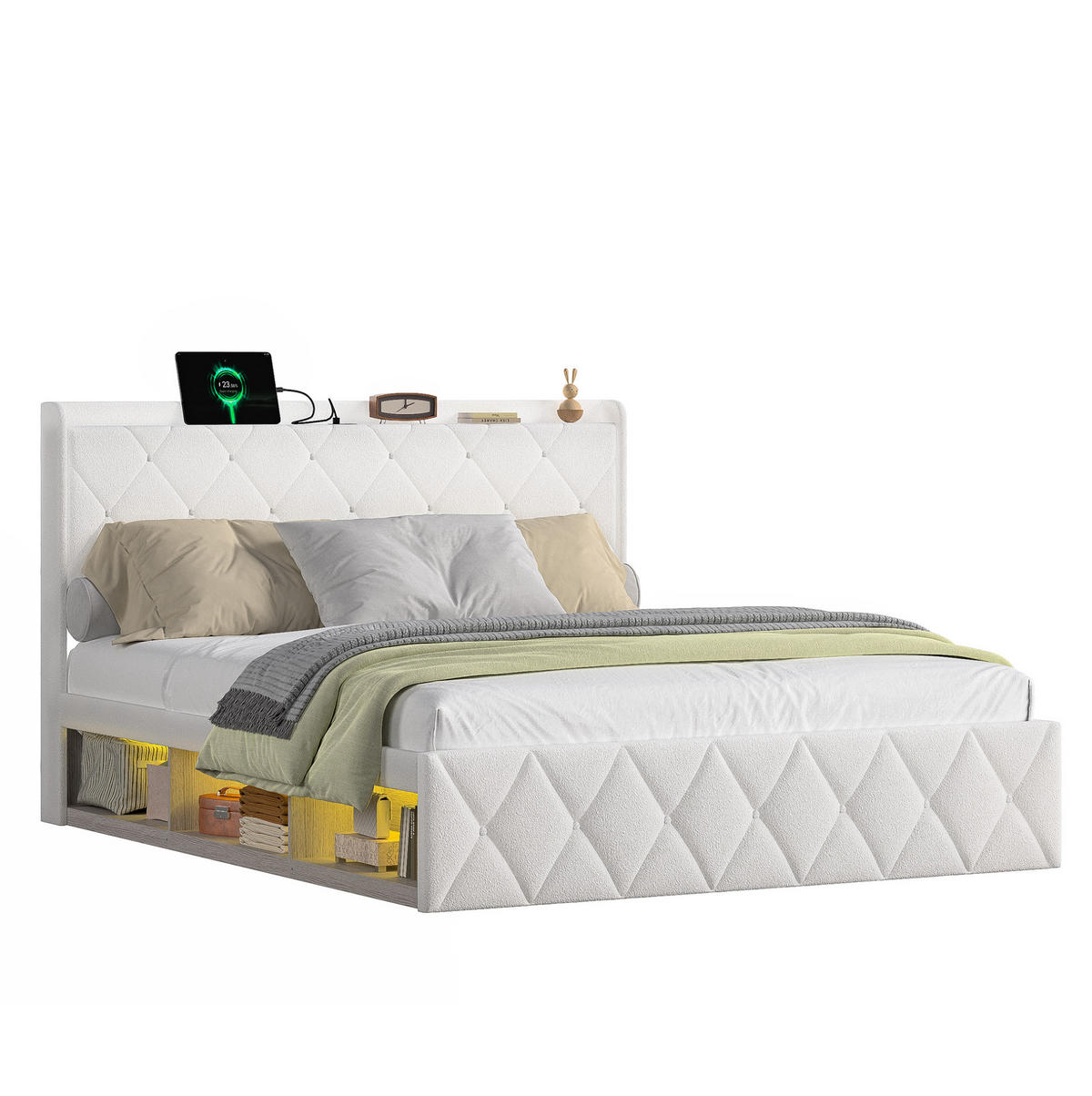 POLSTERBETT 160/200 cm aus Teddy-Stoff mit USB-Ladefunktion und LED-Beleuchtung Weiß - Weiß, Fell (160/200cm) - Modenvie
