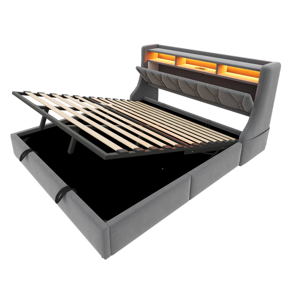 POLSTERBETT 180/200 cm in Grau mit Bettkasten, LED, USB und Type-C Samt - Grau, Holzwerkstoff/Textil (180/200cm) - STILVORA