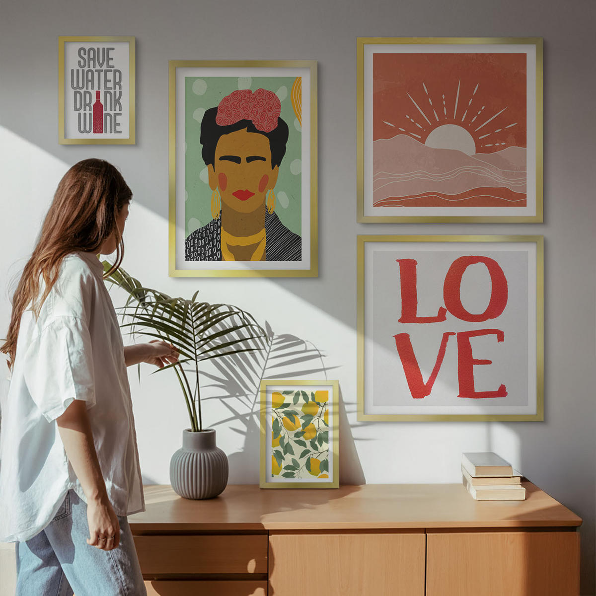 BILDER SET 5er Set - 50x50 cm & 20x30 cm & 40x60 cm Goldrahmen - Zitronen Inschrift Liebeslandschaft Frida - Goldfarben, Kunststoff (40/60cm) - TULUP