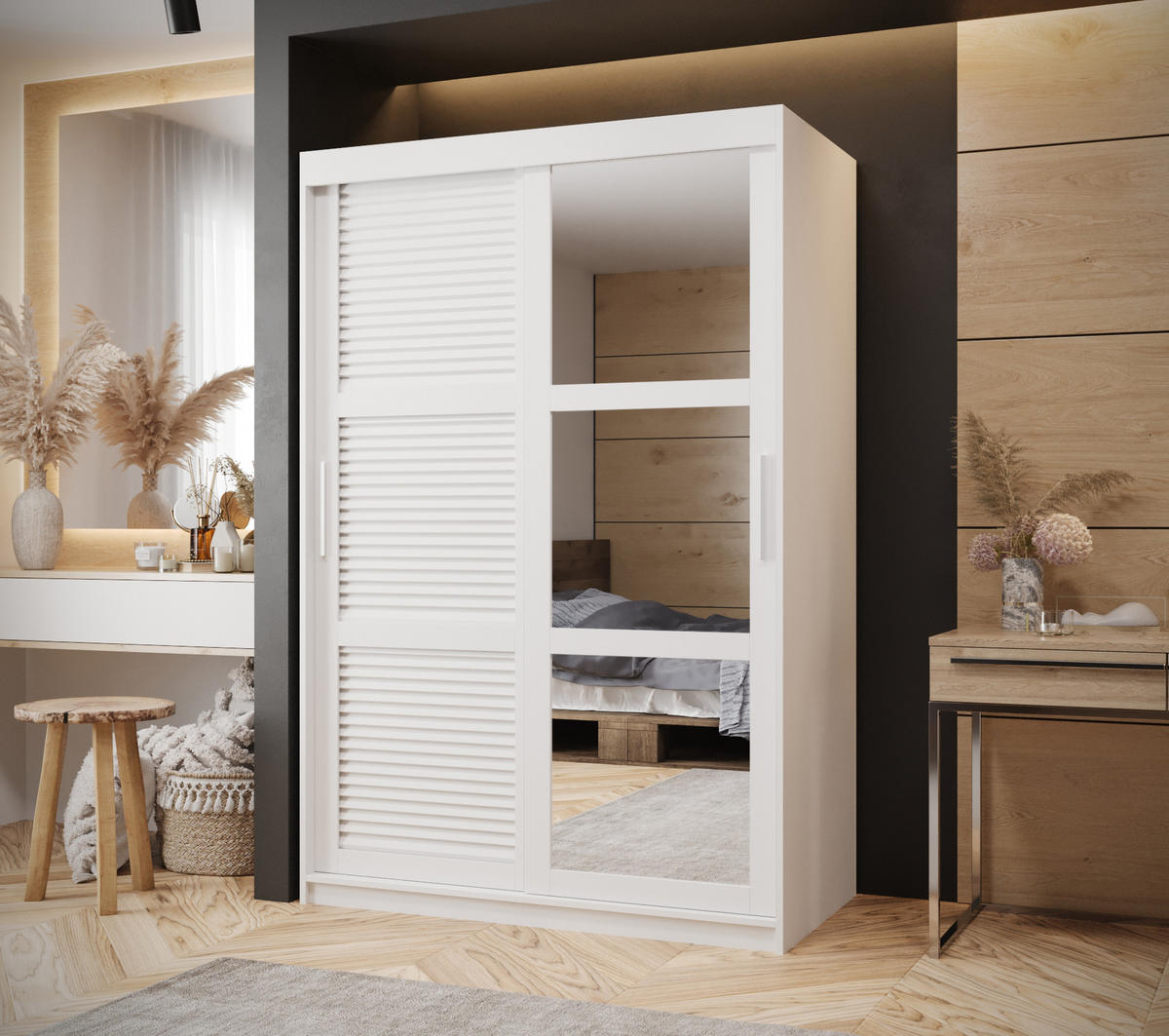 SCHWEBETÜRENSCHRANK 200/120/62 2-türig - Silberfarben/Weiß, Holz/Kunststoff (120/200/62cm) - MÖBEL KRYSPOL