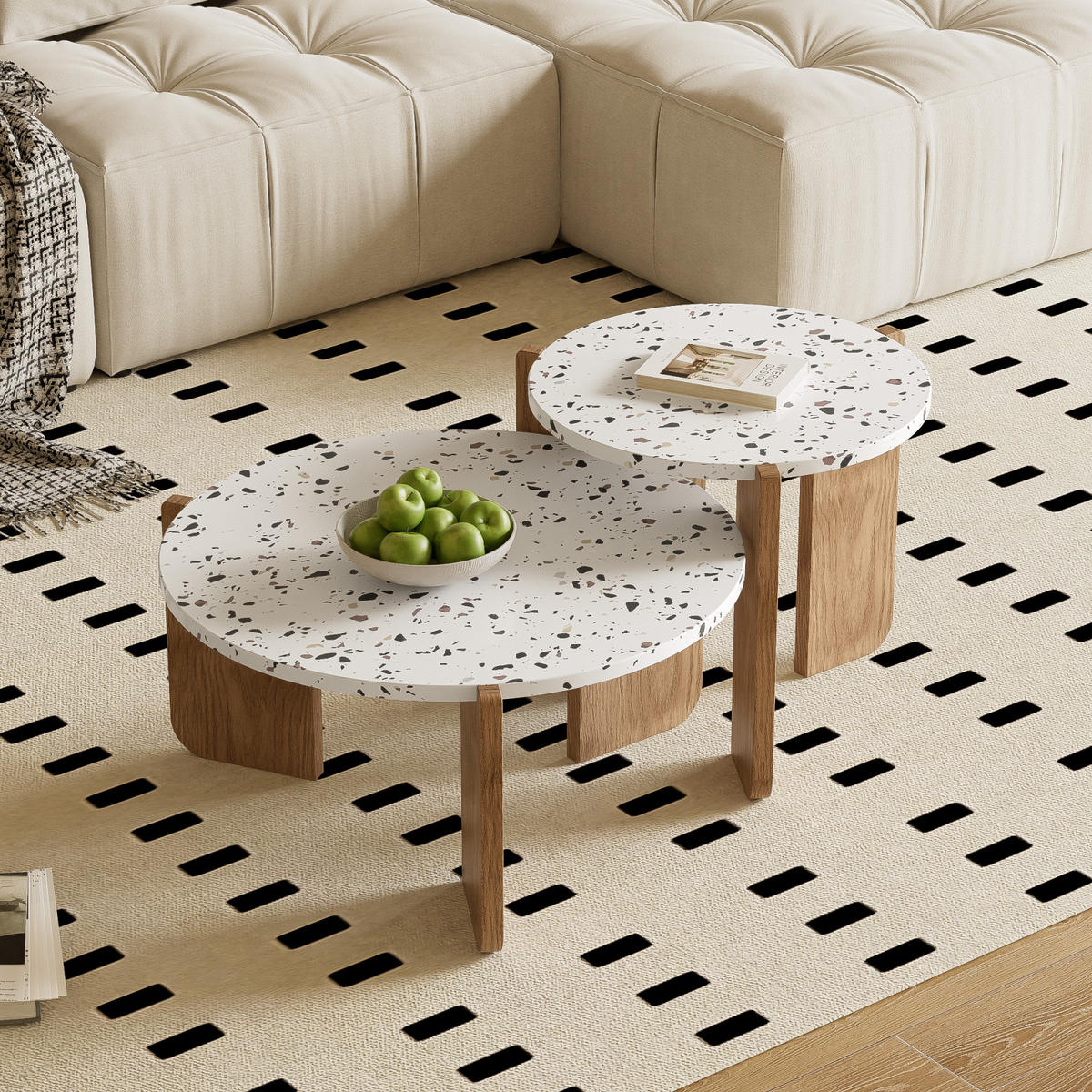 COUCHTISCH-SET Holzoptik, rund und ineinander schiebbar - Weiß, Metall (70/70/35cm)