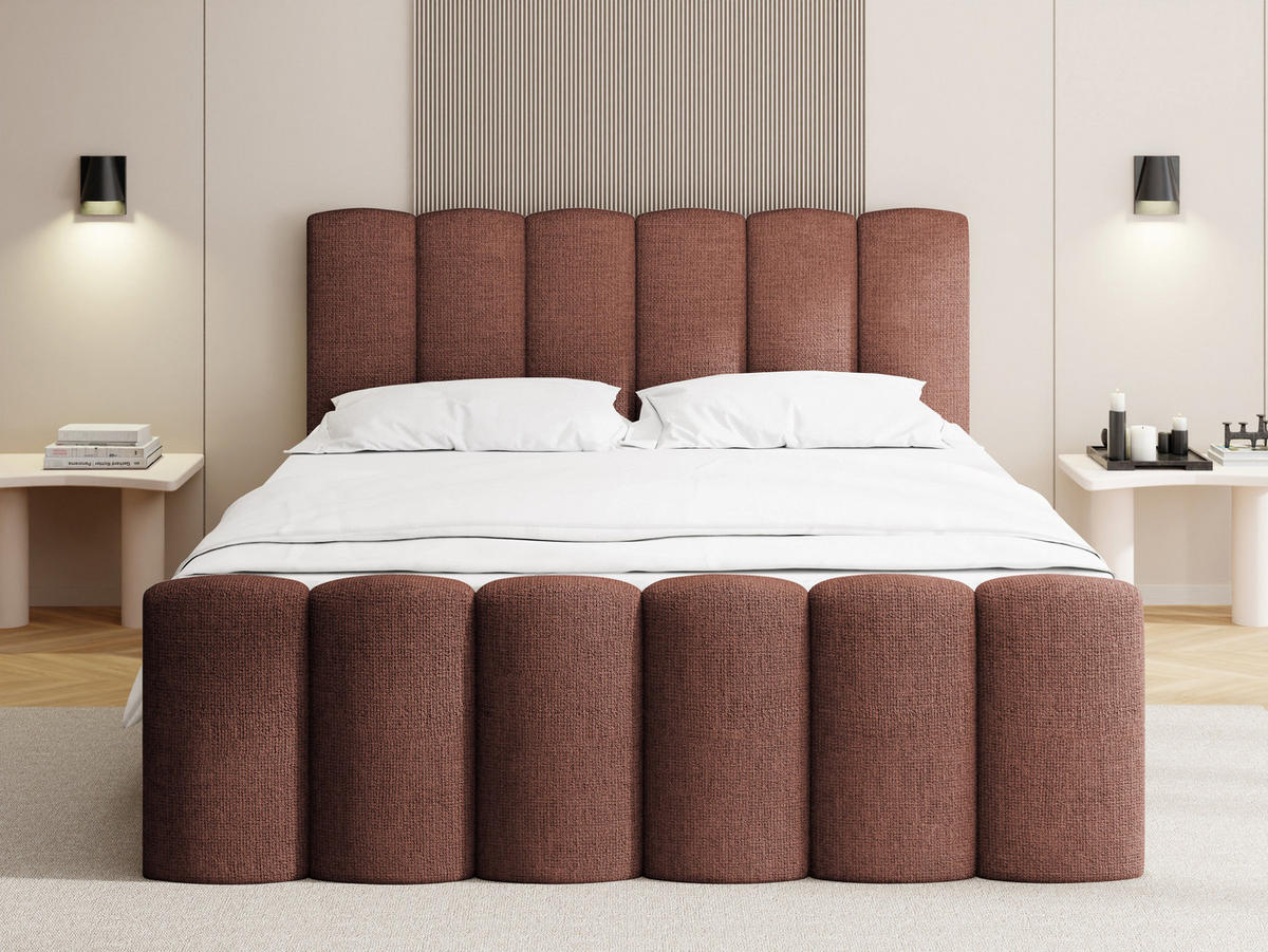 BOXBETT Serenity mit Bettkasten, Terrakotta Chenille 160x200 cm – inkl. H4 Taschenfederkern Matratze & Foam Topper - Terracotta/Schwarz, Holz/Holzwerkstoff (160/200cm) - WFL GROUP