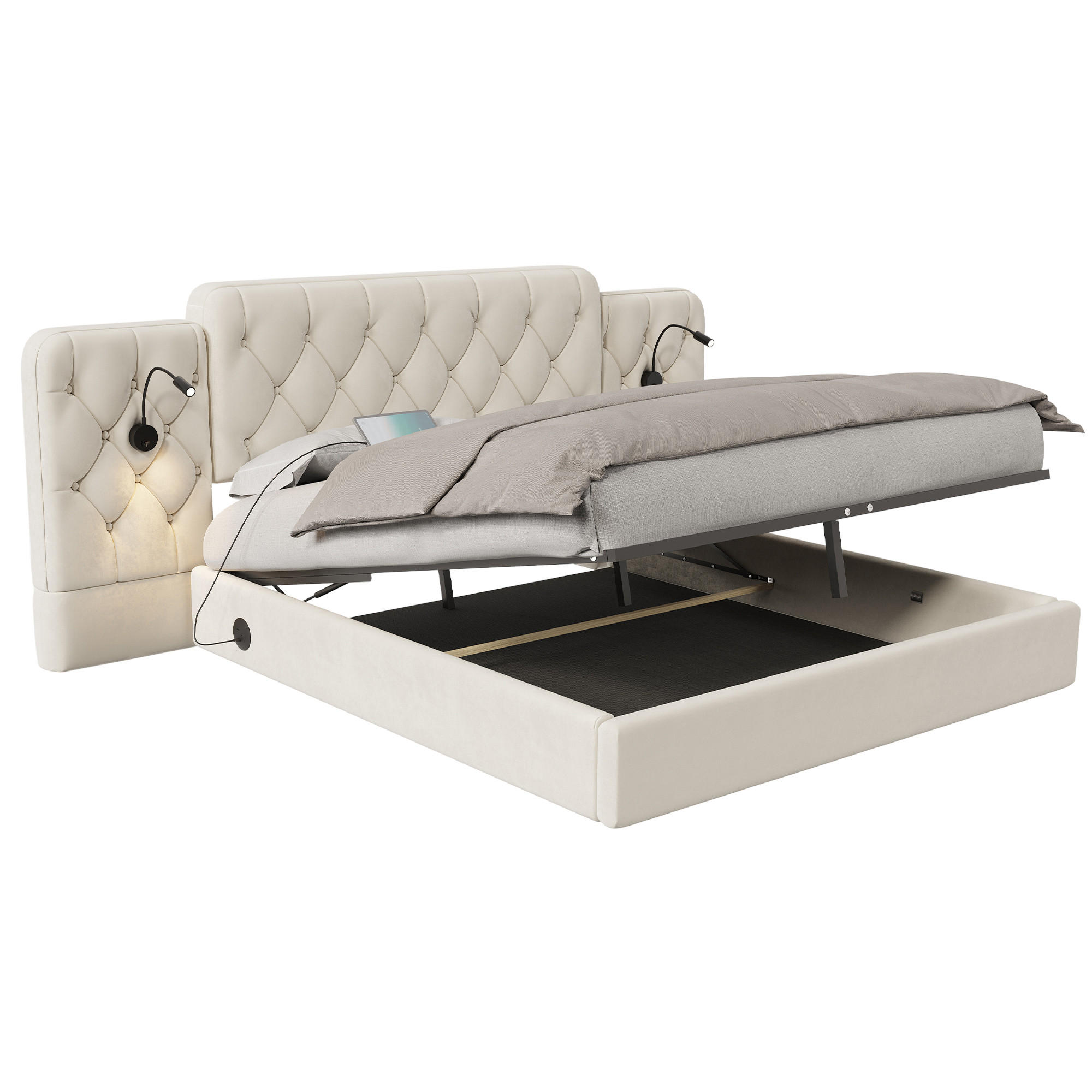 BOXBETT Polsterbett 180x200cm mit Bettkasten & Lattenrost, Samt Doppelbett mit Leselampe, USB, Verlängertes Kopfteil, Beige - Beige, Holz/Textil (180/200cm) - LVHOM