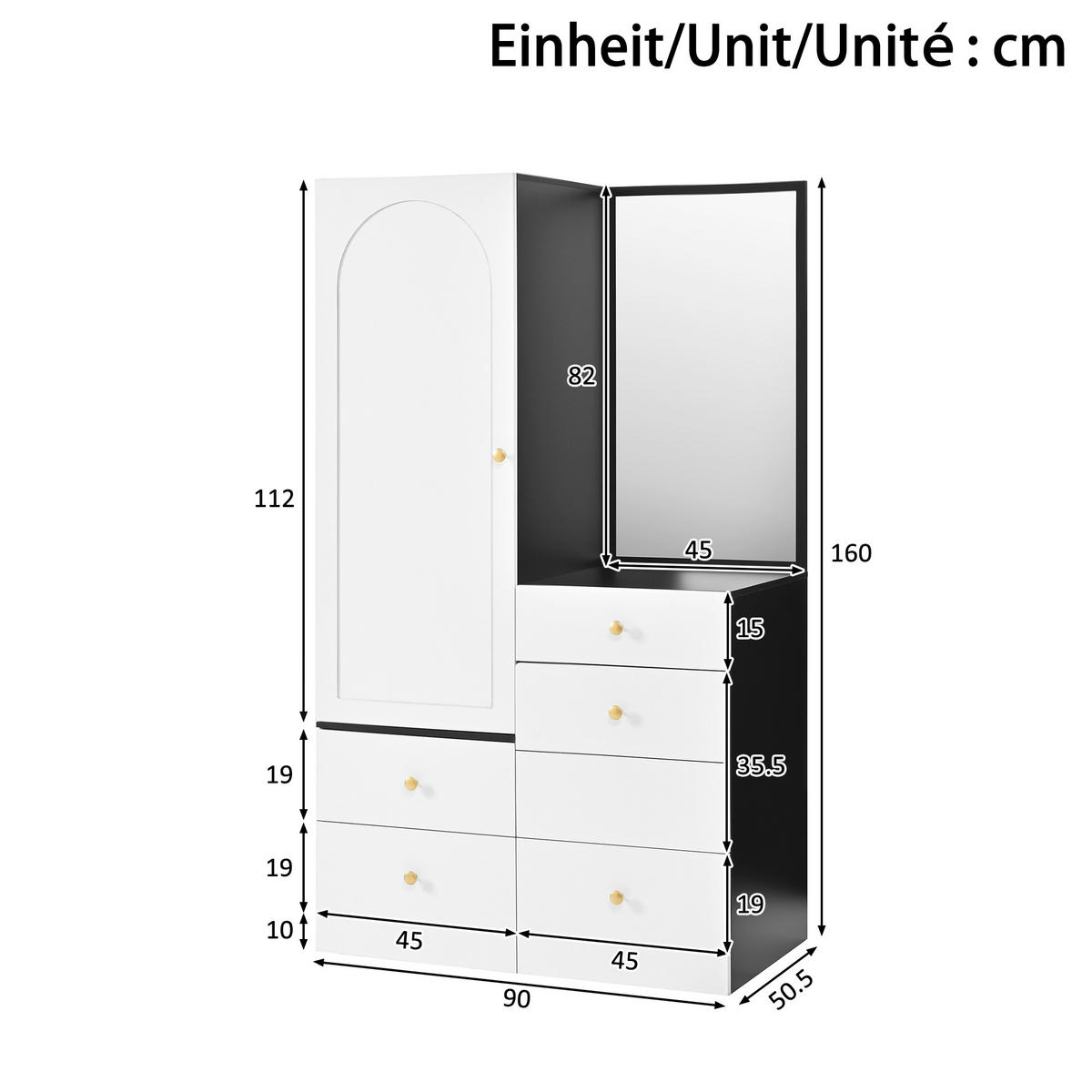 SCHMINKSCHRANK Spiegel Hocker Schubladen MDF Schlafzimmer 170cm - Multicolor, Holzwerkstoff (90/160/50.5cm) - FLIEKS