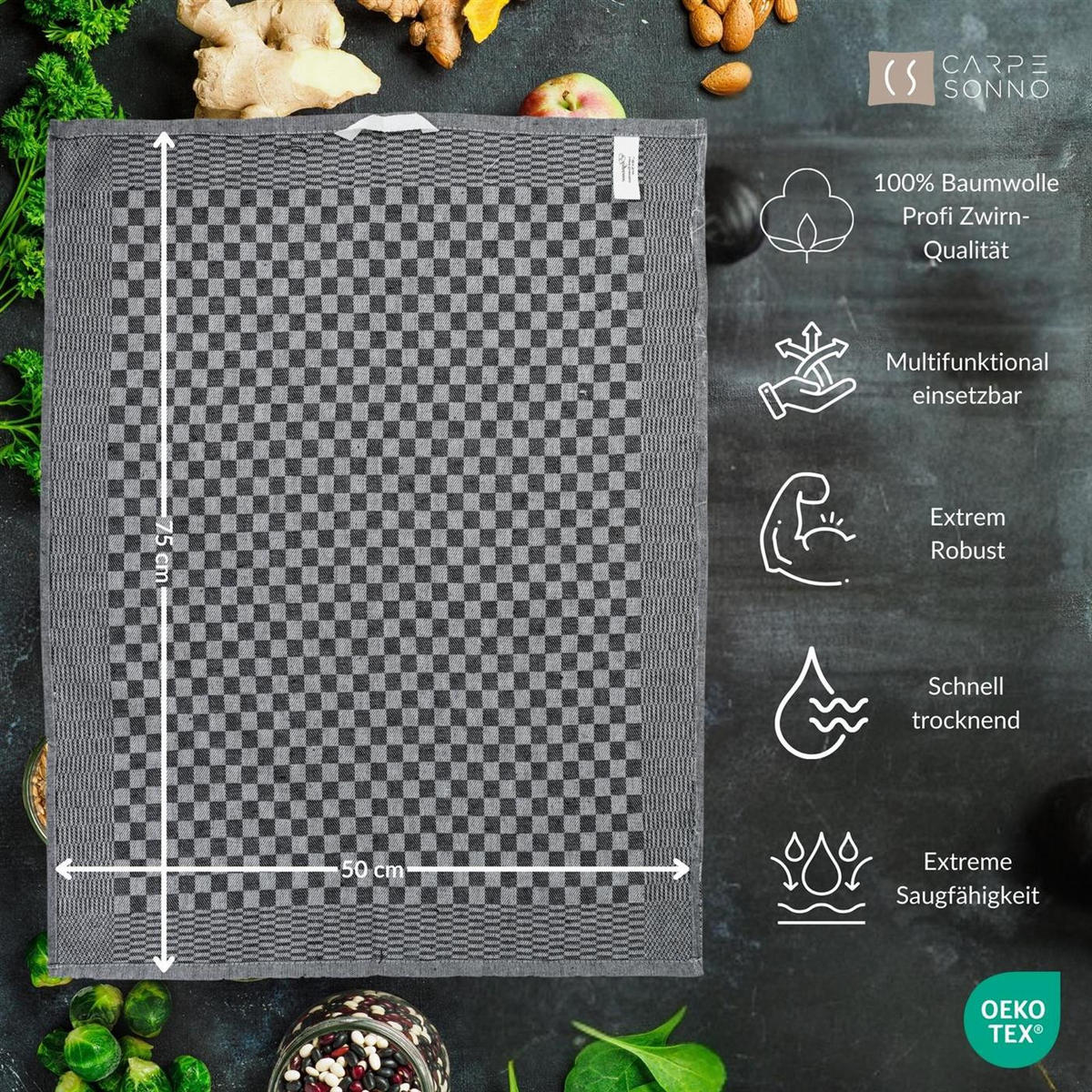GESCHIRRTÜCHER 50x70 cm im 10er Set aus 100% Baumwolle, Zwirn-Qualität Grubentücher Schwarz - Schwarz, Textil (50/70cm) - Carpe Sonno