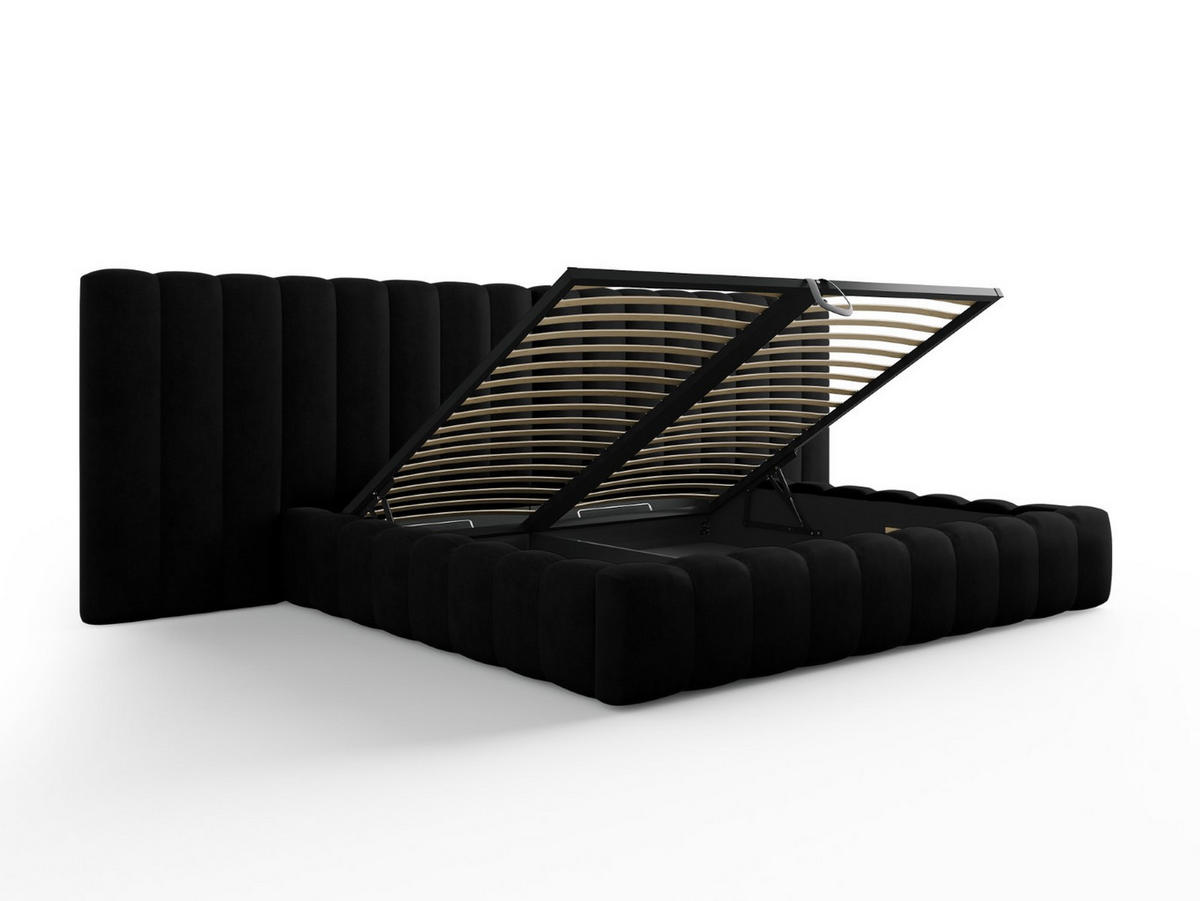 BETT mit Bettkasten und Doppelkopfteil Kelp aus strukturiertem Stoff schwarz 200x200cm - Schwarz, Textil (200/200cm) - Micadoni