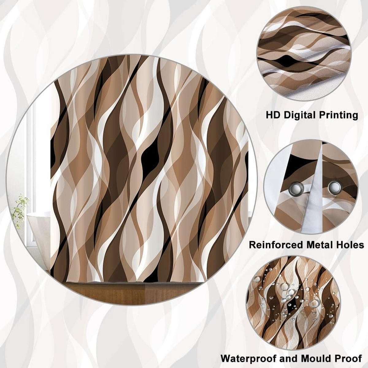 DUSCHVORHANG schimmelresistent Braun abstrakt Streifen Badewanne Stoff wasserdicht waschbar Polyester - Braun, Textil (180/1cm) - MCBOSON