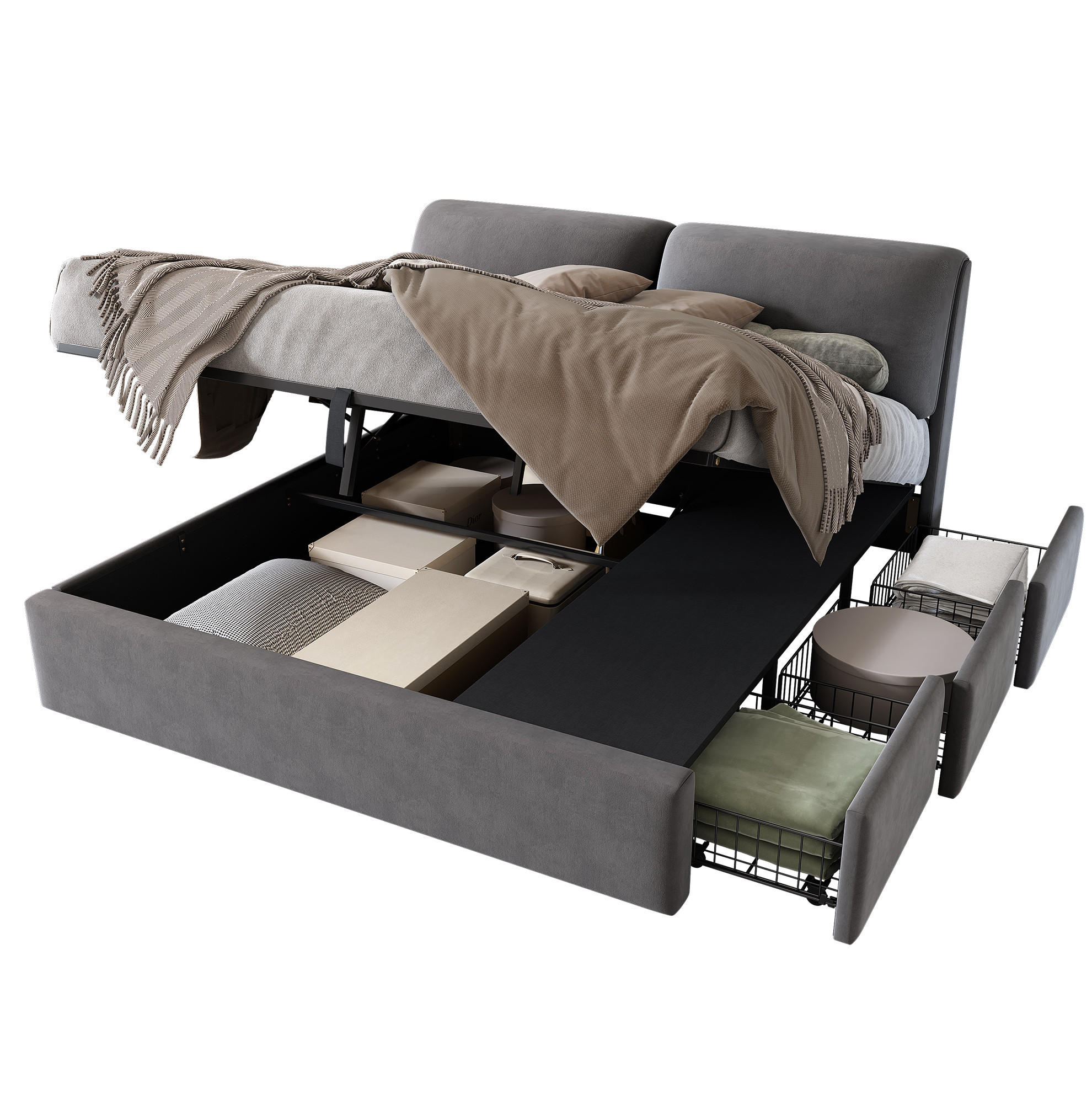 POLSTERBETT 160/200 cm aus Samt mit Stauraum und verstellbarem Kopfteil Grau - Grau, Textil (160/200cm) - Modenvie