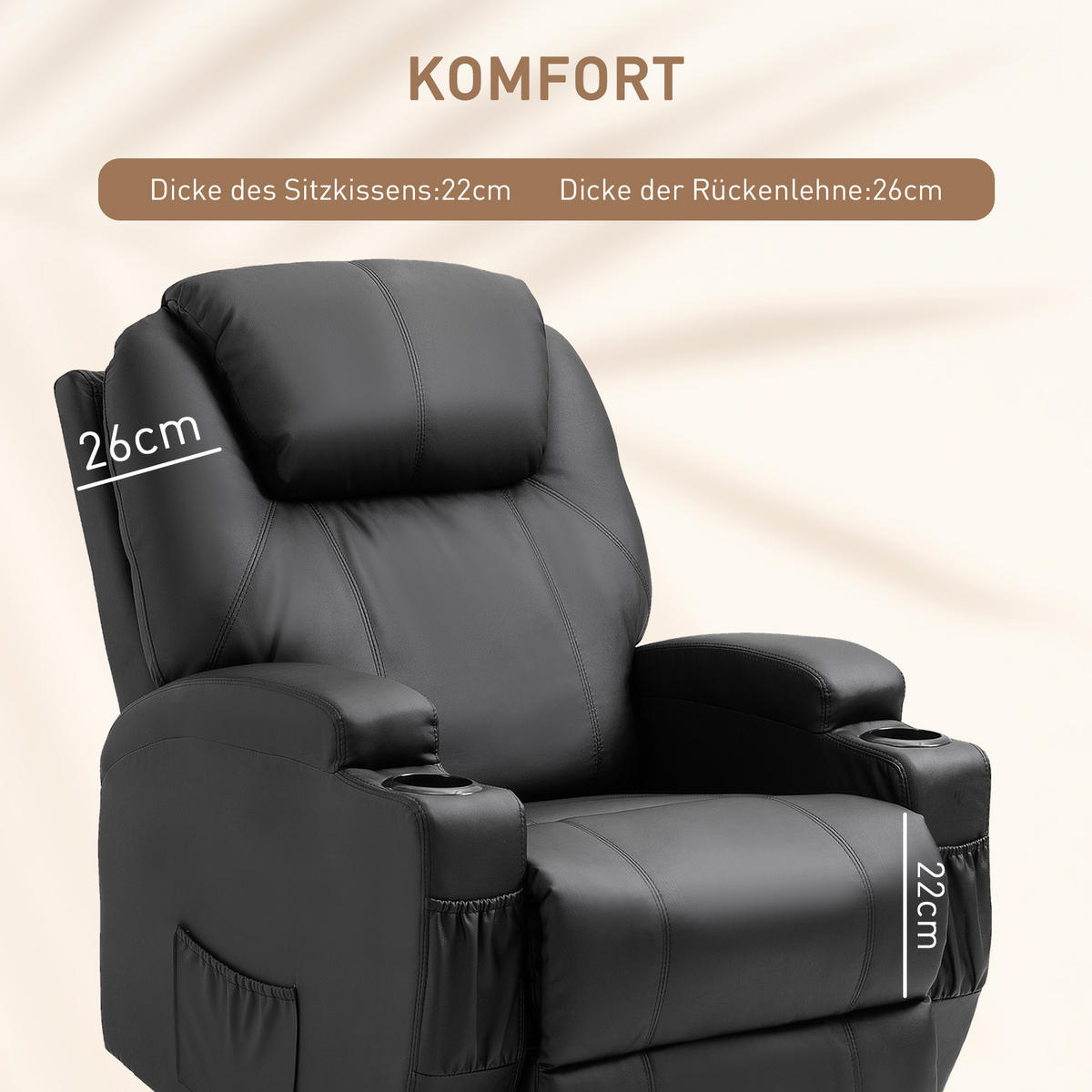 MASSAGESESSEL elektrisch Relaxsessel Fernsehsessel Liegefunktion Schwarz - Schwarz, Leder (97/110/82cm) - HOMCOM