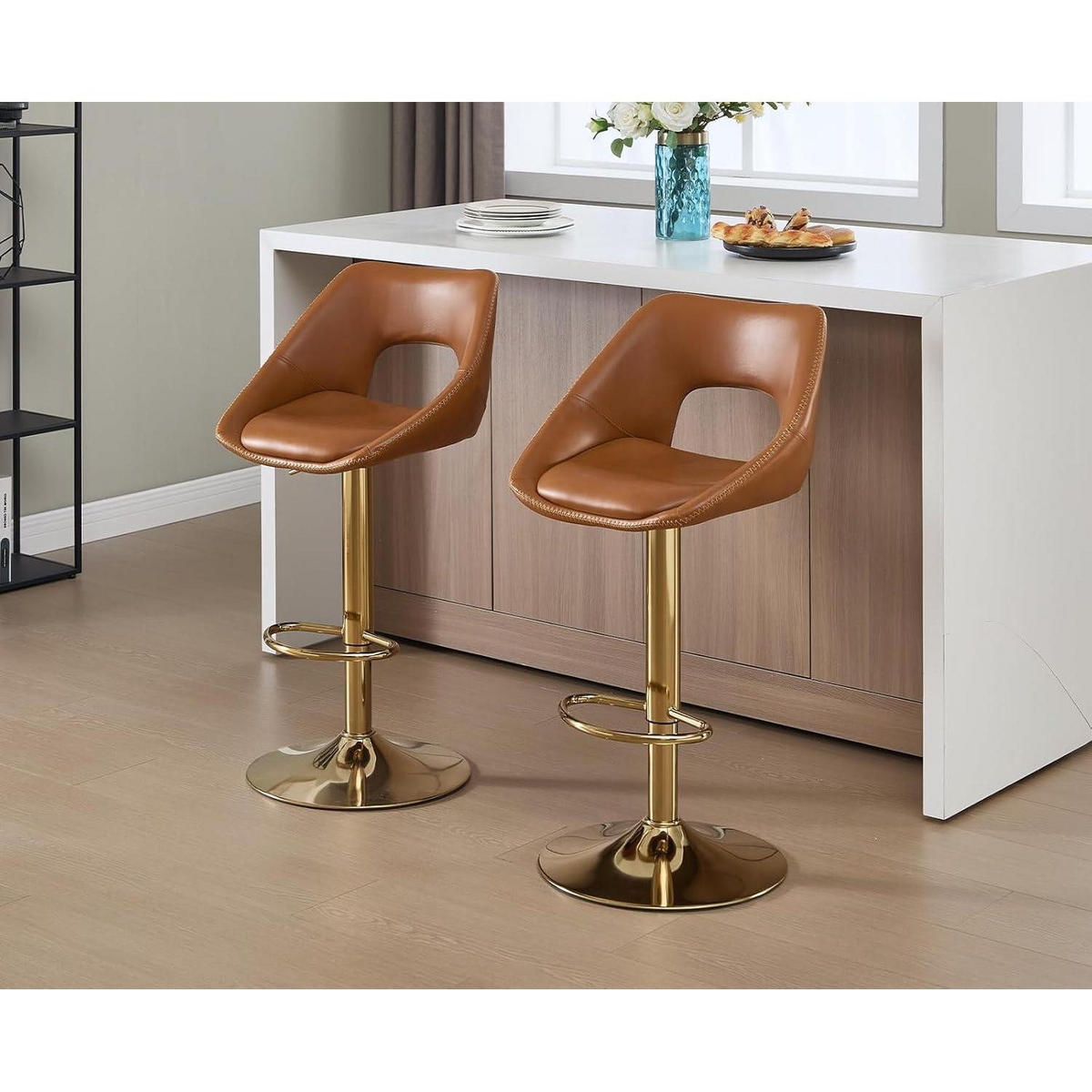 BARHOCKER 4er Set höhenverstellbar drehbar mit Rückenlehne und goldener Fußstütze, braun - Braun, Kunststoff (51/106.5/51cm)