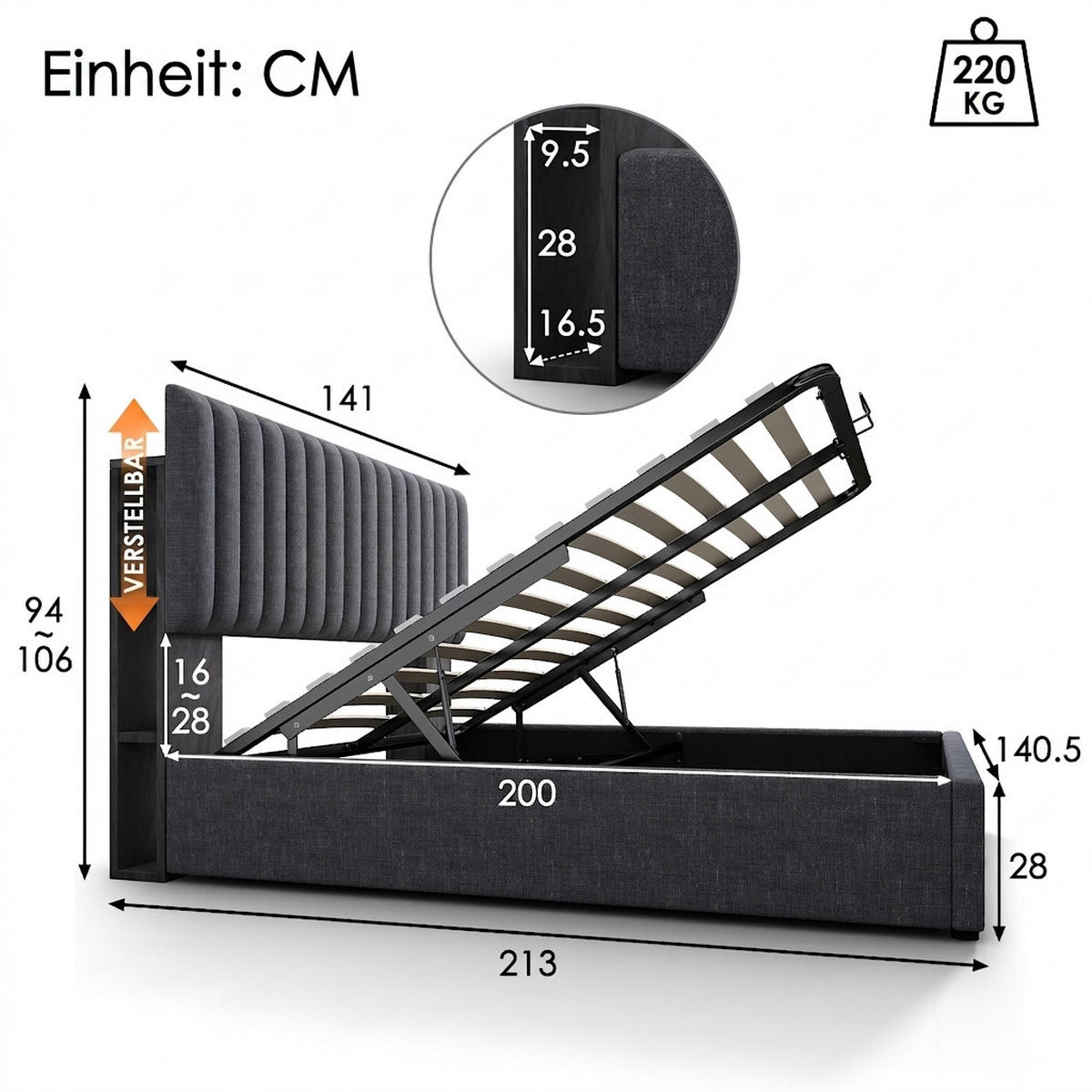 POLSTERBETT 140/200 cm Grau mit LED App-Control und USB Type C Ladefunktion - Grau, Holz/Textil (140/200cm) - Oxeza