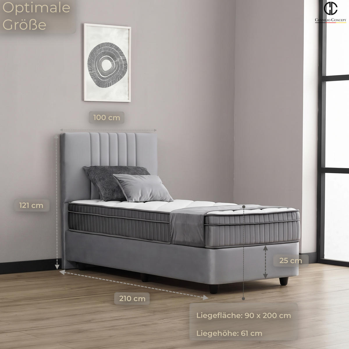 BOXSPRINGBETT MIT BETTKASTEN CARL 90/200 cm, Grau, Bettkasten, Matratze, Topper integriert, H3 mittel 7-Zonen Matratze - Schwarz/Grau, Holz/Kunststoff (90/200cm) - Consilio Concept