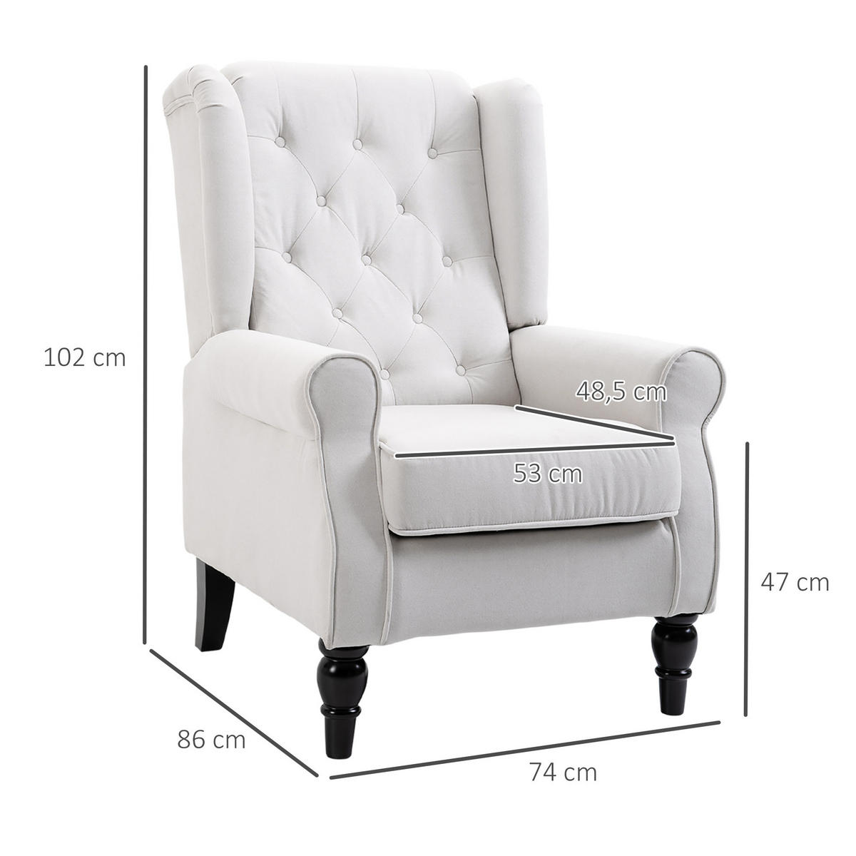 OHRENSESSEL Polyester, Holz, Cremeweiß - Creme/Schwarz, Holz/Textil (86/102/74cm) - HOMCOM