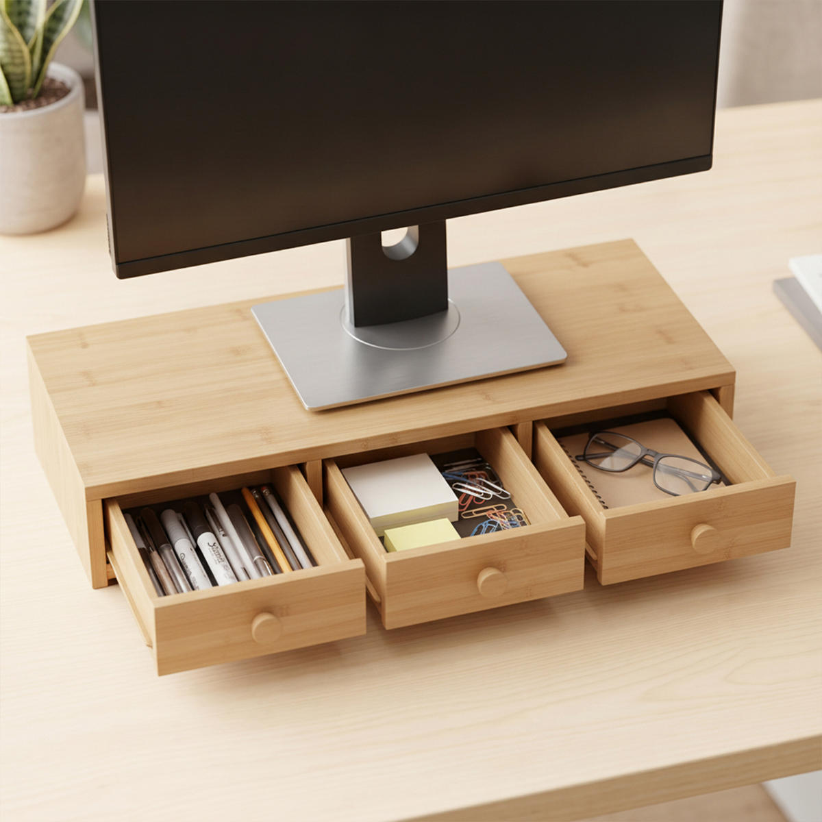 MONITORSTÄNDER Holzoptik MDF 3 Schubladen - Hellbraun, Holzwerkstoff (24/51/12.5cm) - Relaxdays