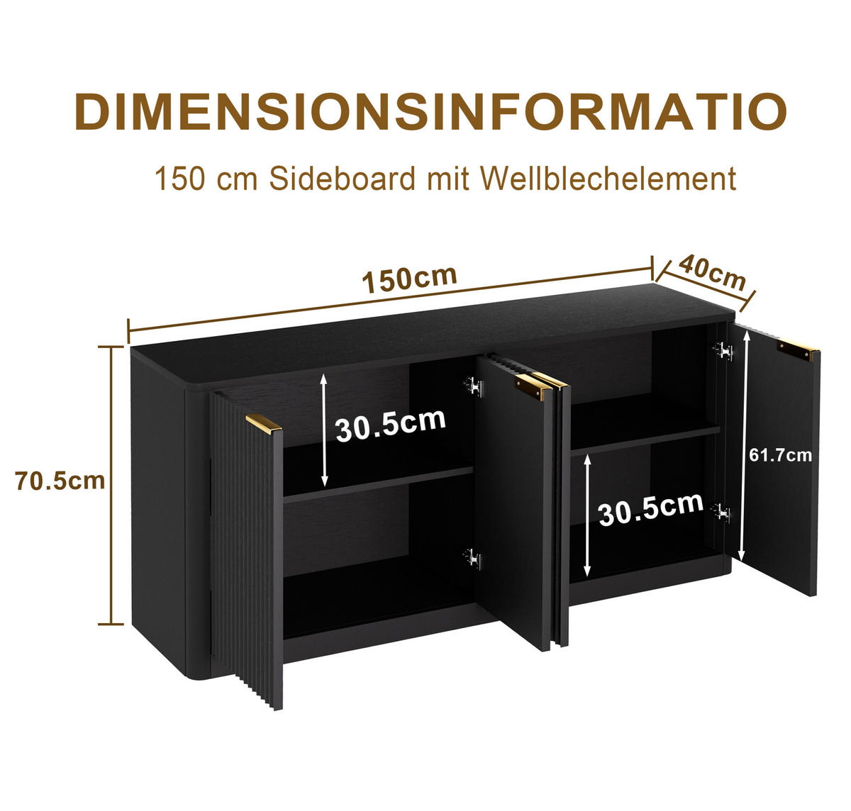 SIDEBOARD 150/40/70,5 cm in Schwarz mit 4 Türen und Wellenfront - Schwarz, Holzwerkstoff (150/70.5/40cm) - Flora Grace