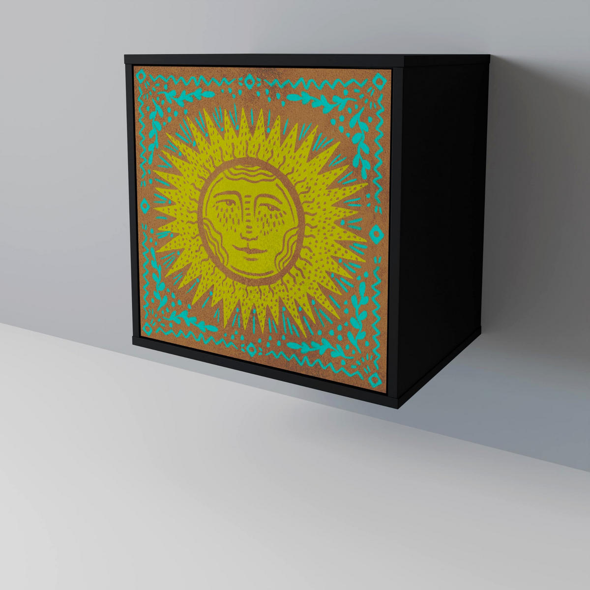 SIDEBOARD SUNSHINE EULOGY, Schwarz, 57,5x42x75,5 cm, Goldfarbene Metallfüße - Goldfarben/Multicolor, Holzwerkstoff/Metall (57.5/75.5/42cm) - SpaceRebels