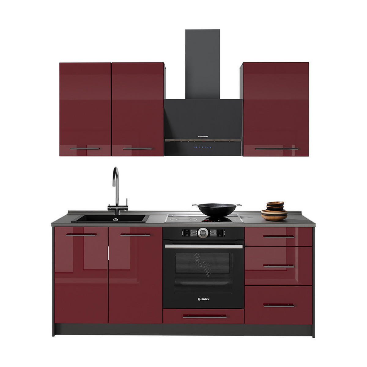 SINGLEKÜCHE Fame-Line, Bordeaux Hochglanz/Anthrazit, 190 cm, AP Anthrazit - Bordeaux/Anthrazit, Holzwerkstoff (190/82/60cm) - Vicco