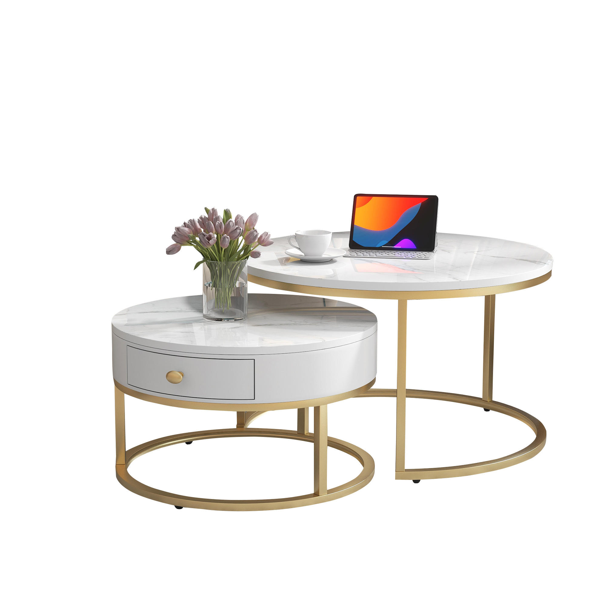 COUCHTISCH-SET 2-teilig 70/70/48 cm Weiß Hochglanz mit Marmormuster Nesting-Design - Weiß, Holzwerkstoff (70/70/48cm) - OKWISH