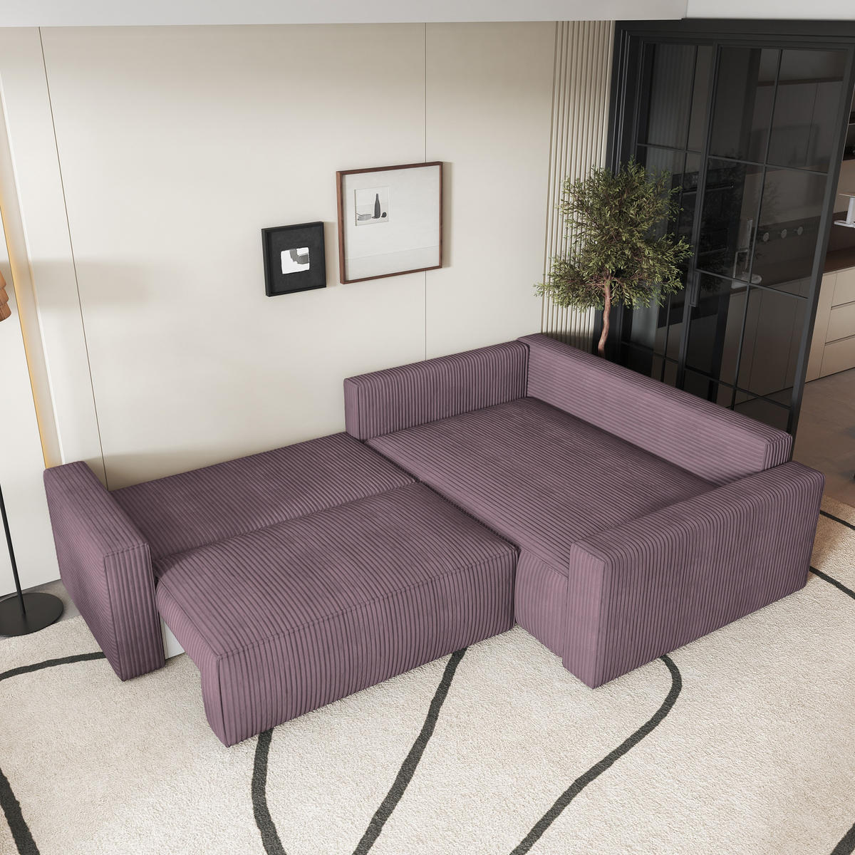 ECKSOFA ERONIS R-S Lila Kordstoff mit Schlaffunktion - Lila, Holz (265/194cm) - MASSENO