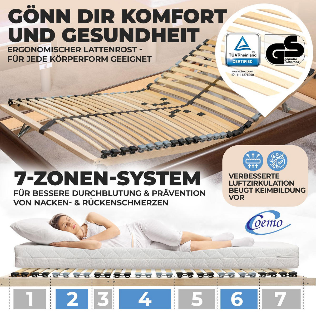 LATTENROST ERGO KF 80x200 cm mit Kopf- & Fußteilverstellung - Naturfarben, Holz (80/200cm) - Coemo