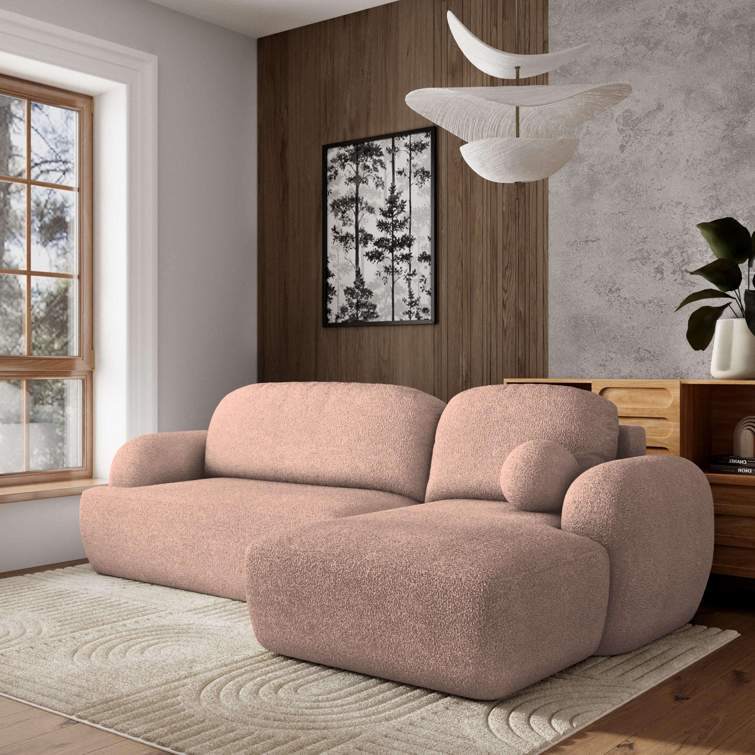 ECKSOFA MODENZA N R-S Rosa Boucle-Stoff mit Schlaffunktion - Rosa, Holz (266/148cm) - MASSENO