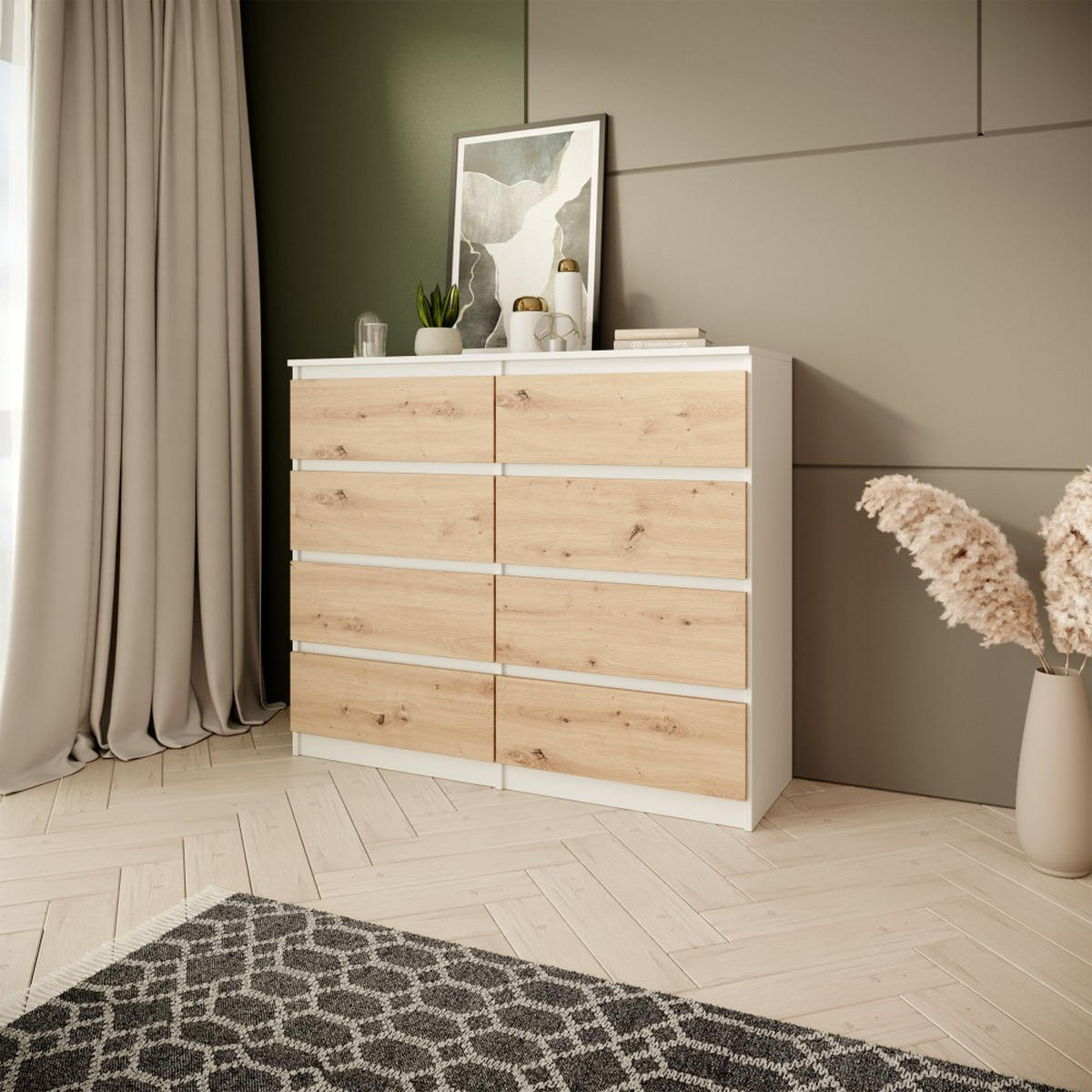 KOMMODE Look 100 cm mit acht Schubladen, weiß+eiche Artisan - Weiß/Eiche Artisan, Holzwerkstoff (100/93/33cm) - Beautysofa