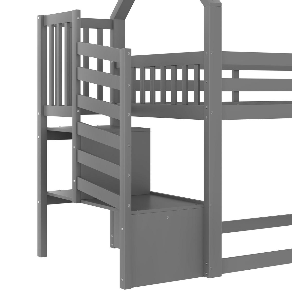 ETAGENBETT aus Kiefernholz und MDF 90x200 cm Grau mit Stauraumtreppe, Rutsche und Hausdesign - Grau, Holzwerkstoff (90/200cm) - Modfu