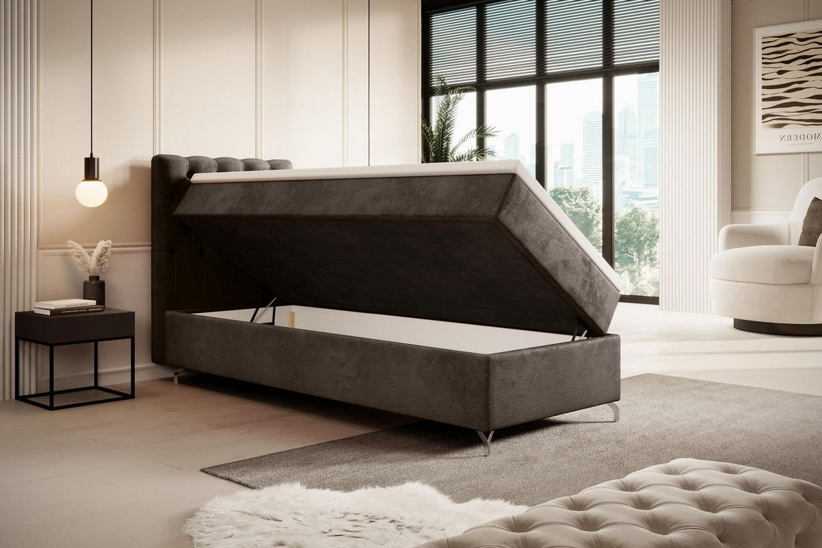 BOXBETT CHESTER mit Matratze H3, Bonell und Topper 90x200 Monolith 15 Links - Braun, Textil (90/200cm) - Bedante