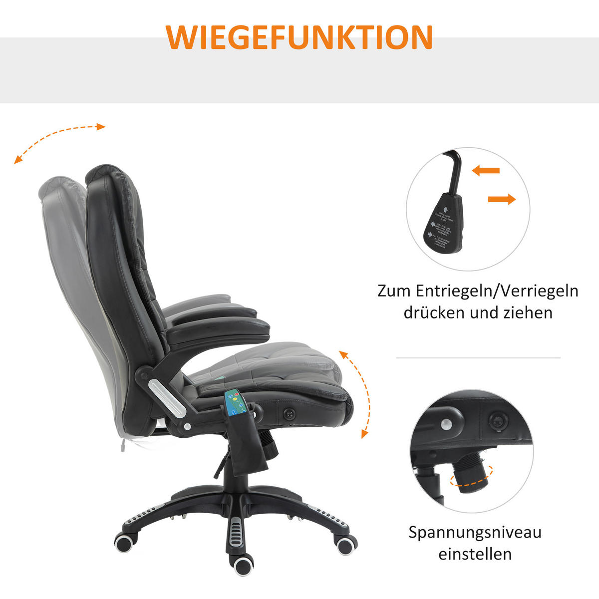 MASSAGESESSEL Bürostuhl Drehstuhl mit Wärmefunktion Chefsessel Bürosessel - Schwarz, Kunststoff (70/121/70cm) - HOMCOM