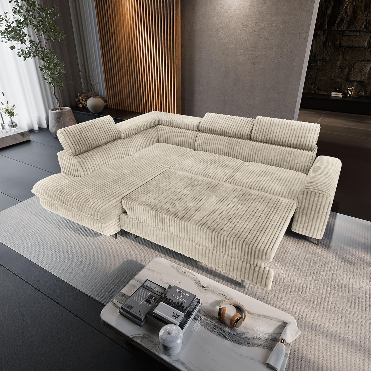 ECKSOFA VELISS Creme Kordstoff mit Schlaffunktion - Creme, Holz (255/193cm) - MASSENO