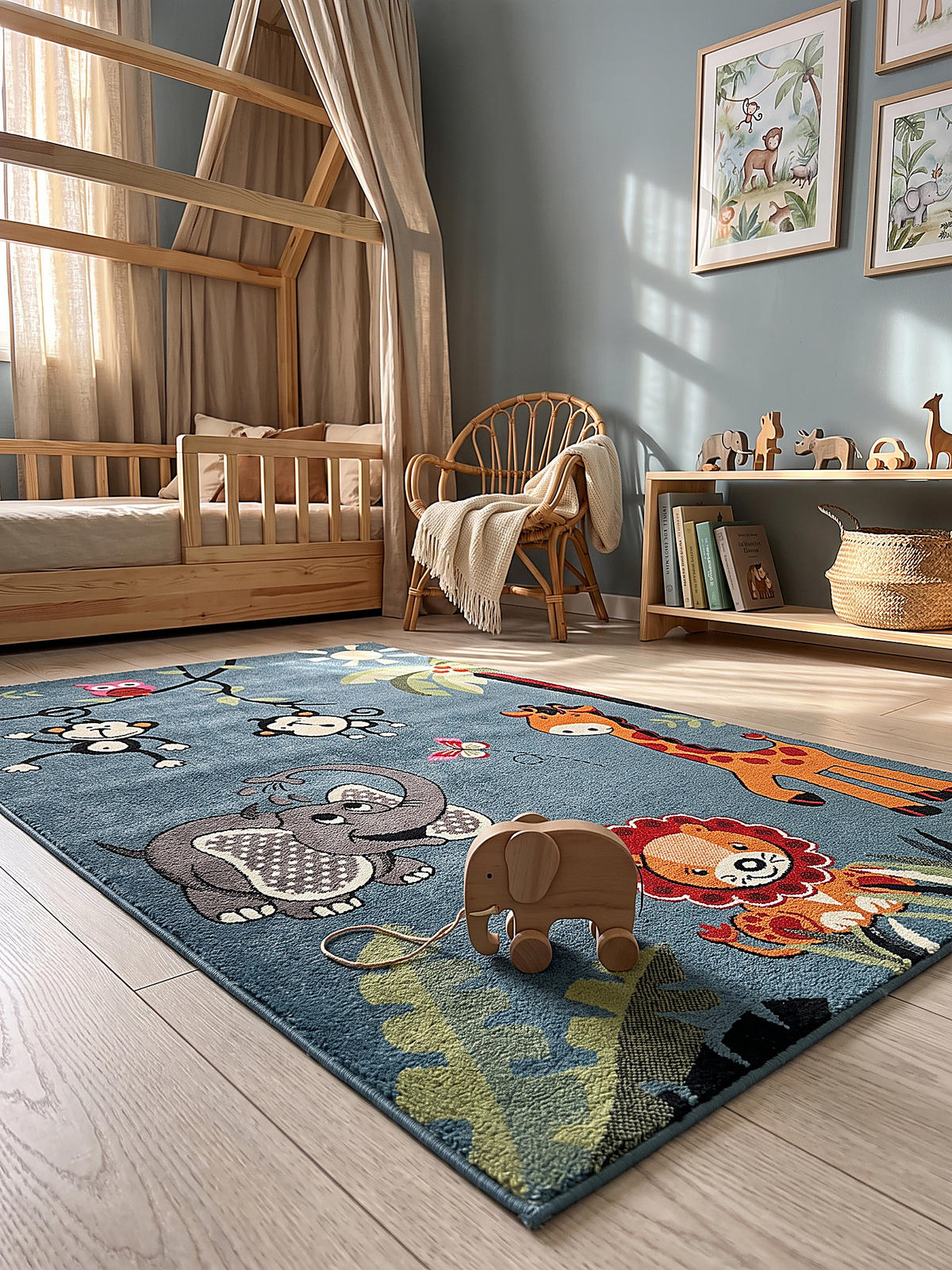 SPIELTEPPICH CASOLA Dschungel-Tiere Polypropylen Blau 80 x 150 cm - Blau, Textil (80/150cm) - KADIMA DESIGN