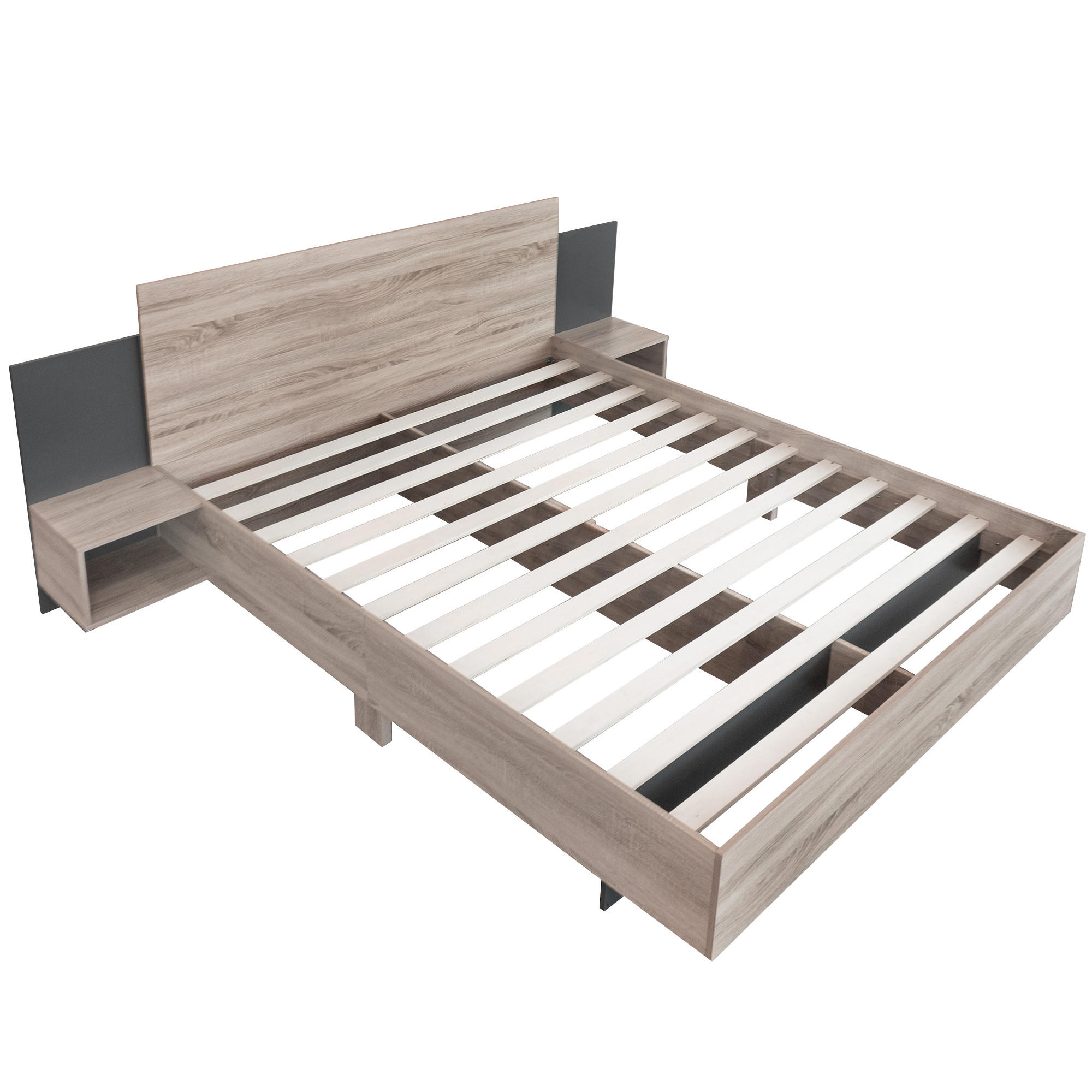 BETT 160/200 cm DE-00510, in Sonoma-Eiche/Dunkelgrau, 2 Nachttischen - Dunkelgrau, Holz (160/200cm) - ComfortXL