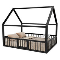 KINDERBETT 140/200 cm aus Metall mit Dachgestell, Sicherheitsgeländer und Tür, Schwarz - Schwarz, Metall (140/200cm) - Redom