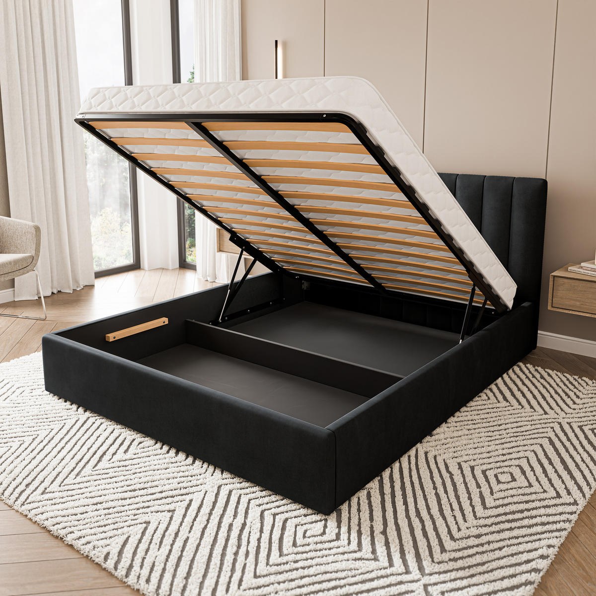POLSTERBETT DEMERA MGV 180x200 cm mit Bettkästen - Schwarz - Schwarz, Holz (180/200cm) - MASSENO