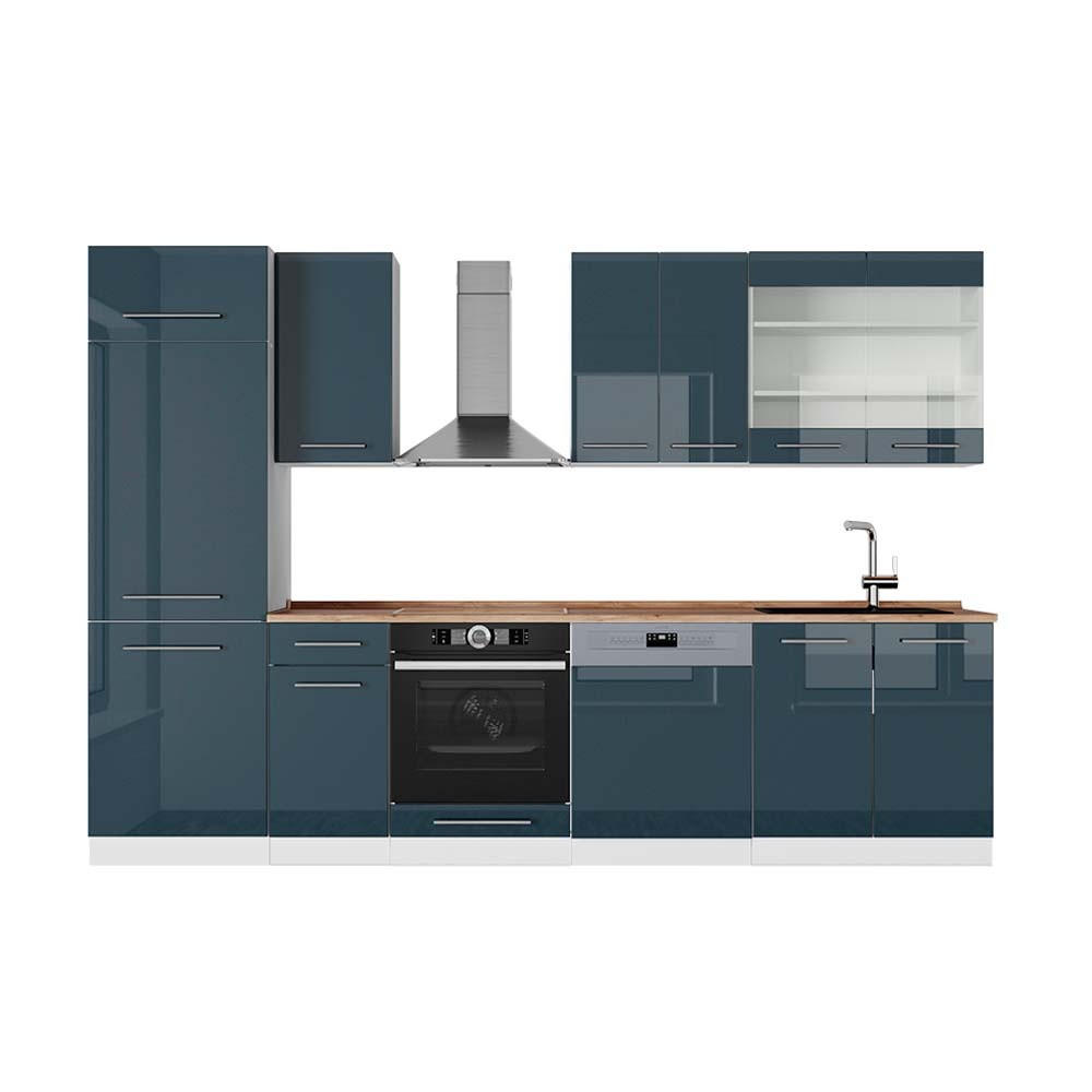 KUHINJSKI BLOK Fame-Line Temno modra visok sijaj/bela 300 cm , DP Hrast - bela/temno modra, leseni material (300/81.6/60cm) - Vicco