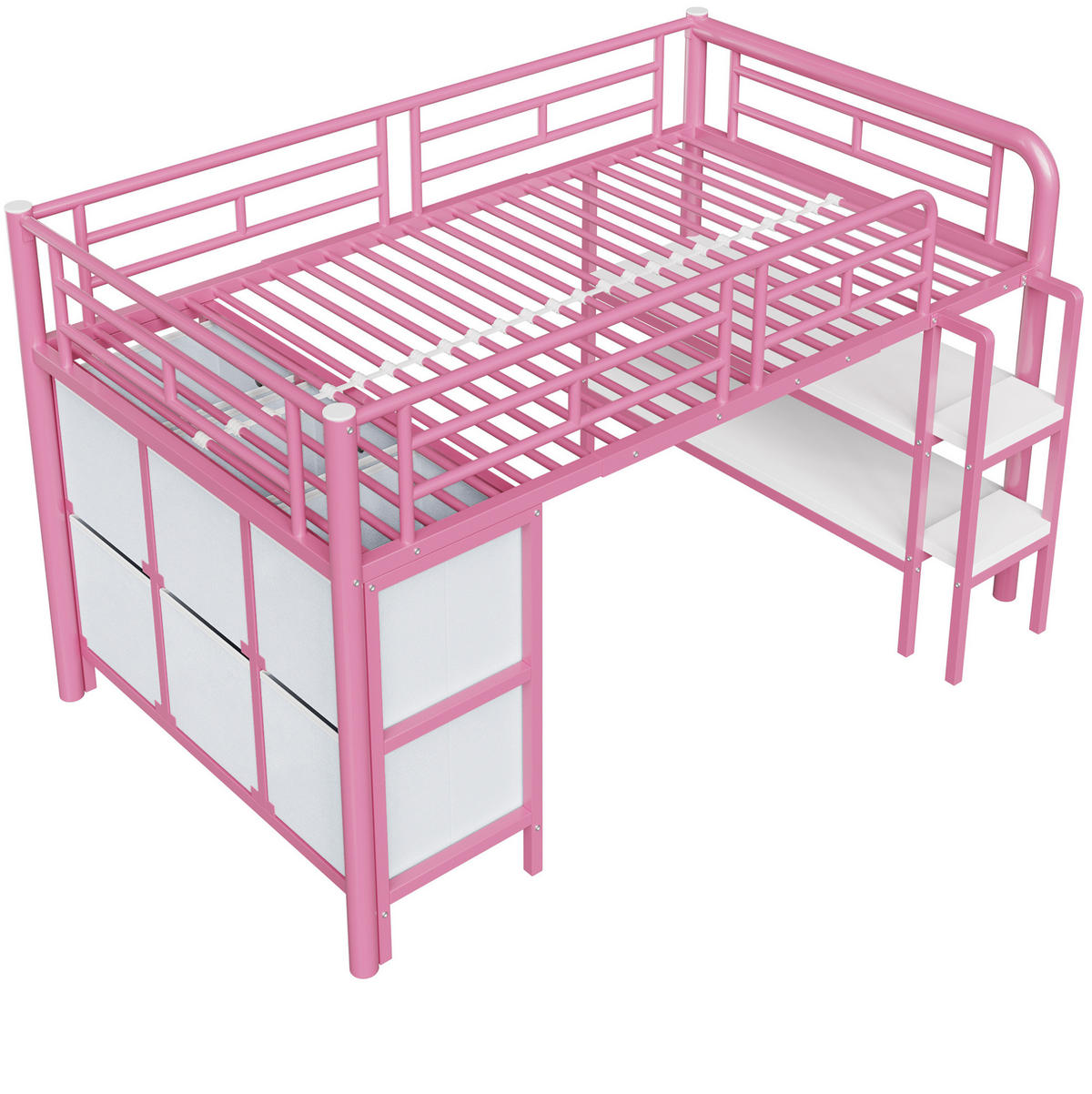 HOCHBETT aus Metall 90x200 cm in Rosa mit Treppe & Stauraum - Rosa, Metall (90/200cm) - Modfu