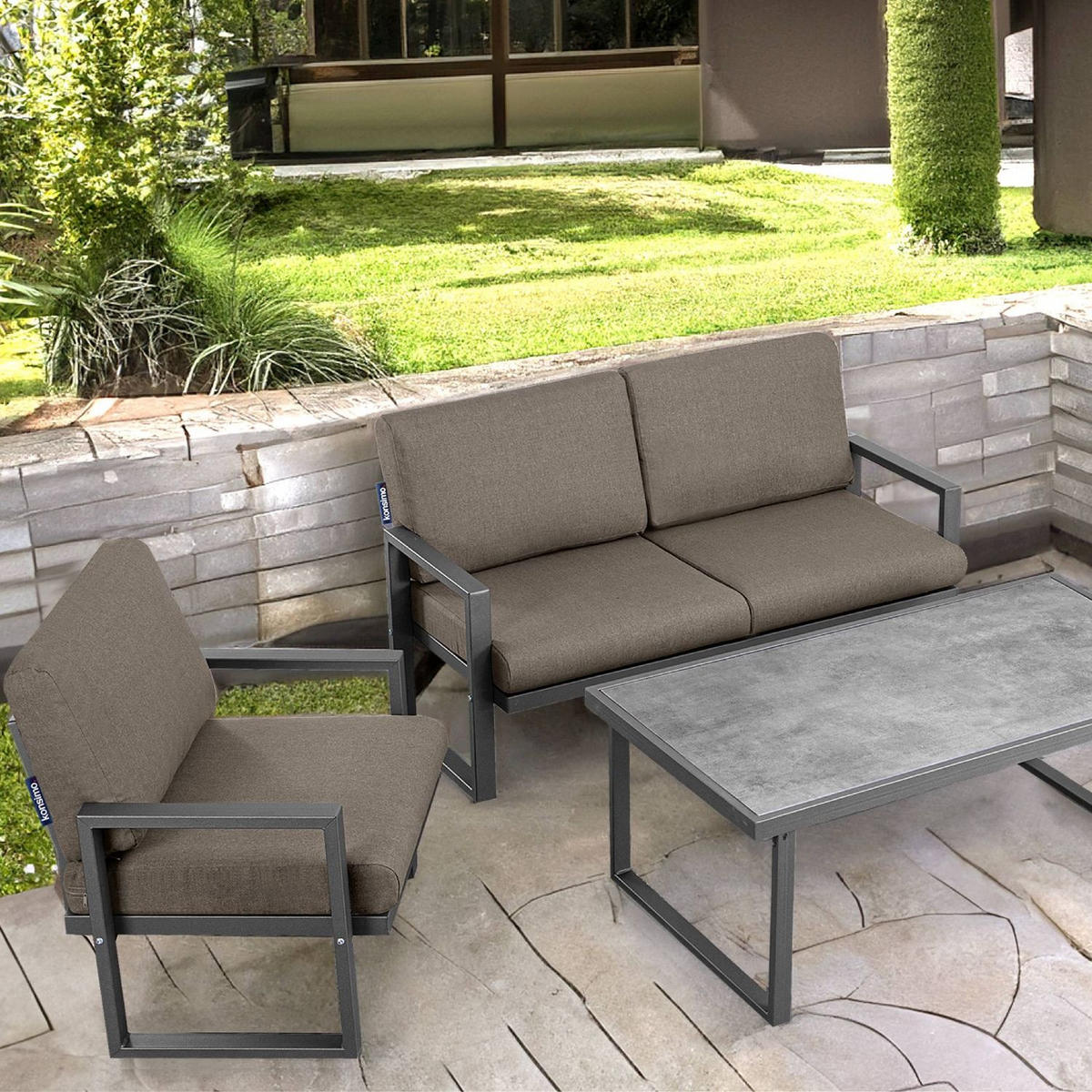 GARTENSOFA FRENA 2-Personen ,Anthrazit|Beige - Anthrazit/Beige, Textil/Metall (130/65/60cm) - KONSIMO®
