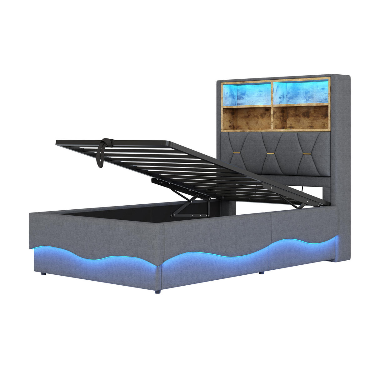 POLSTERBETT aus Leinen und Metall 90x200 cm in Grau mit LED, USB und Stauraum - Grau, Textil (90/200cm) - Modfu